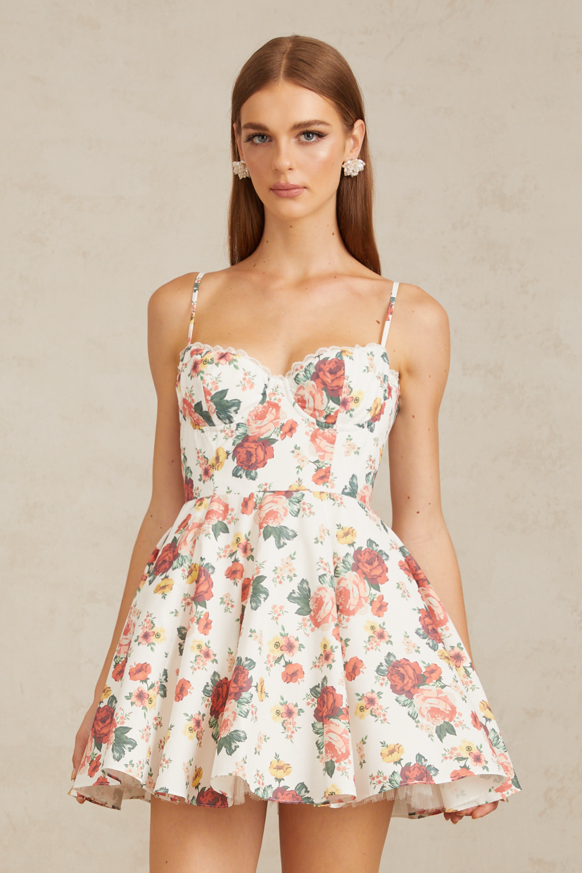Airelle White Flounced Rose Print Mini Dress