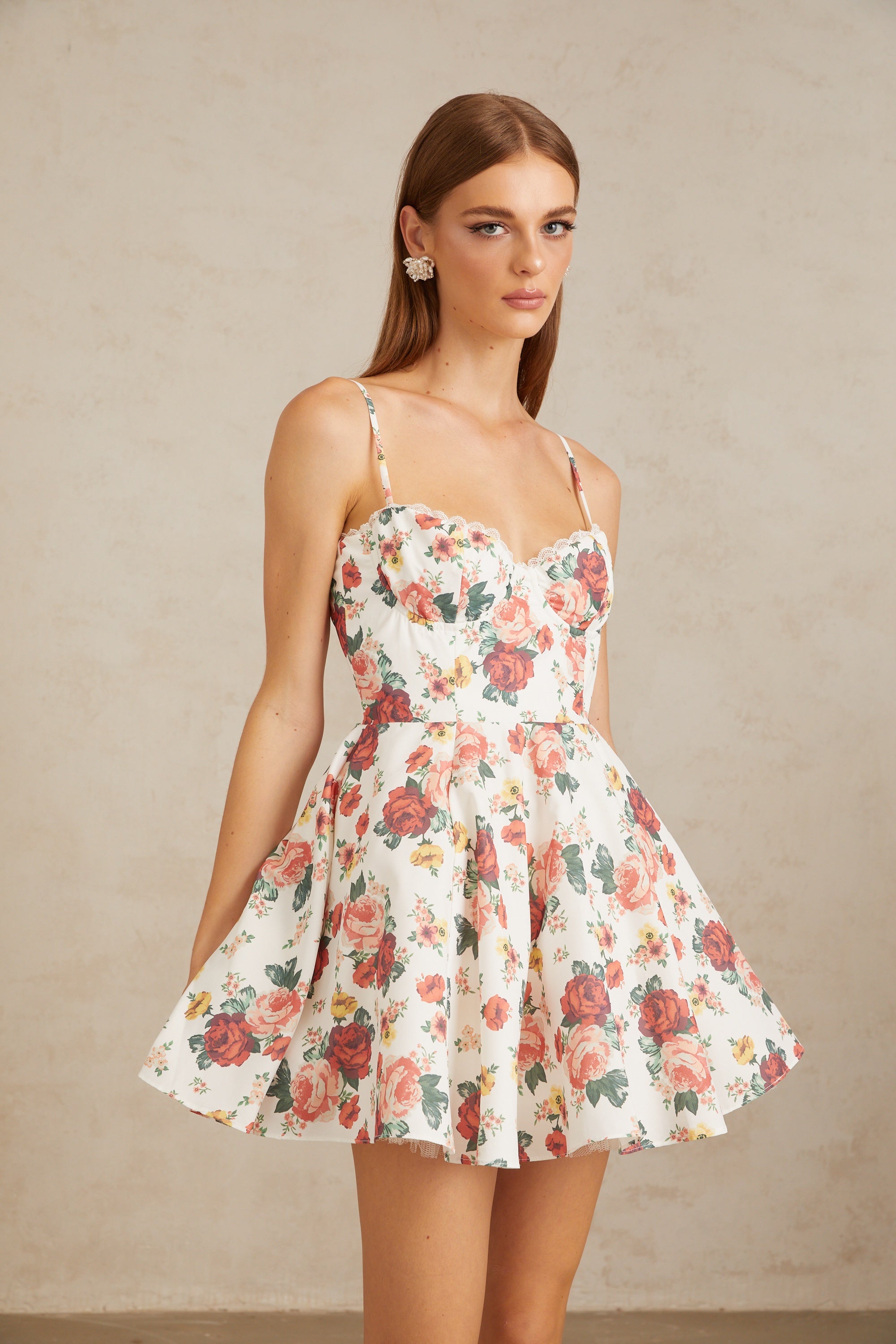 Airelle White Flounced Rose Print Mini Dress
