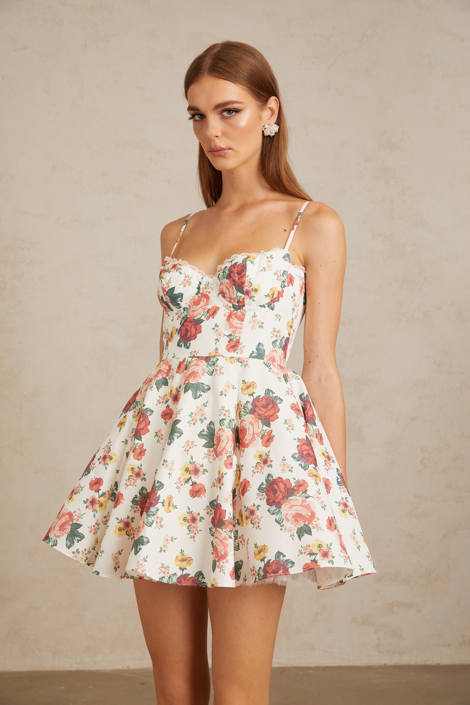 Airelle White Flounced Rose Print Mini Dress