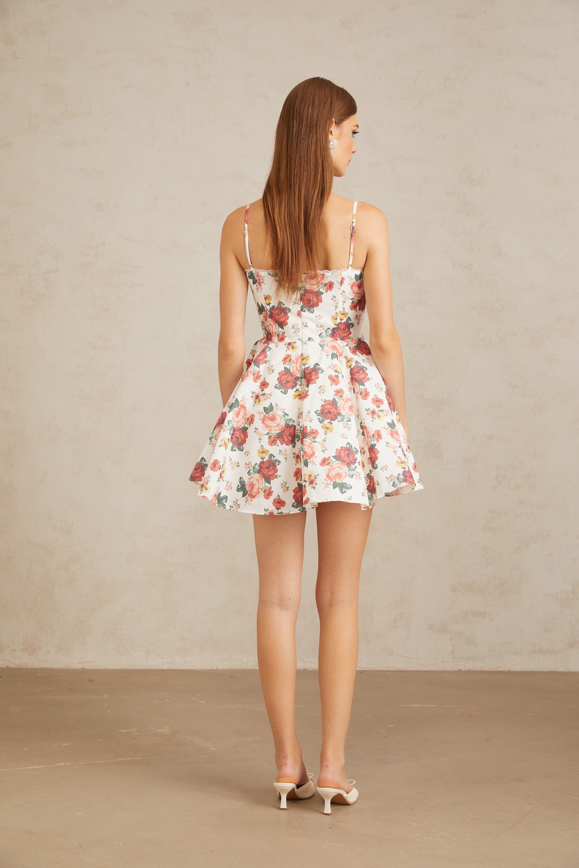 Airelle White Flounced Rose Print Mini Dress