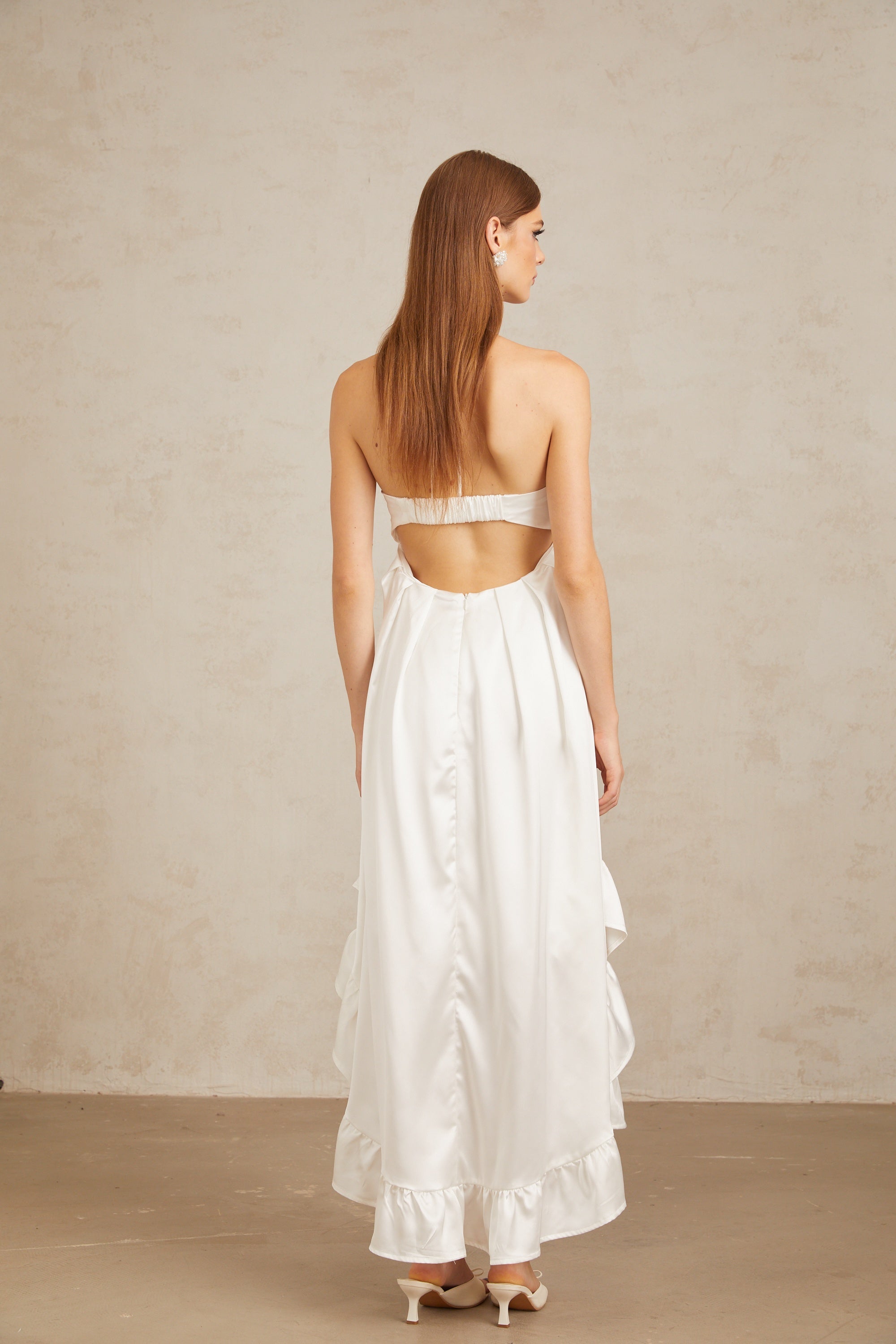 Nocturne White Ruffled Satin Midi Dress