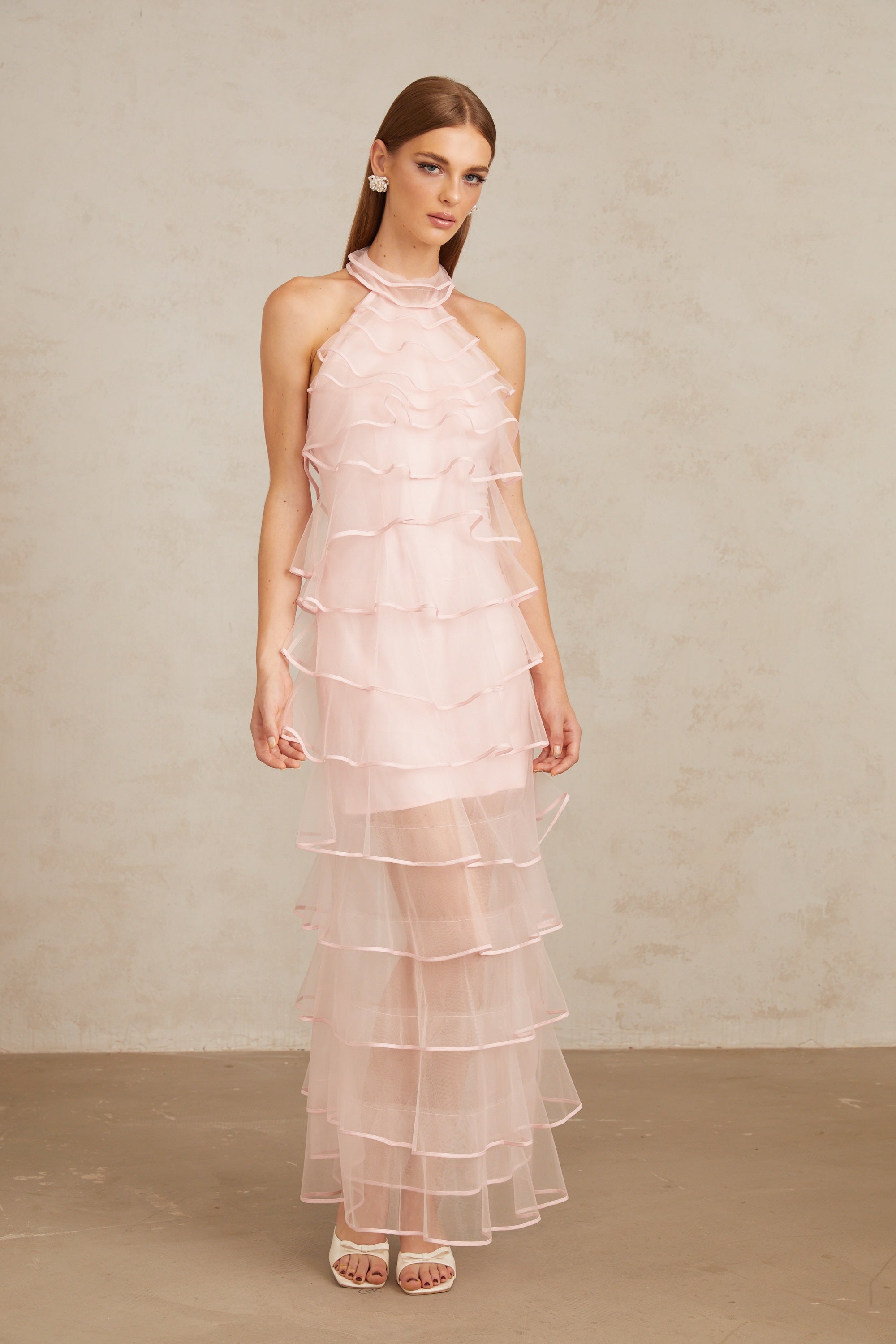 Nonchalante Pink Tiered Halterneck Maxi Dress
