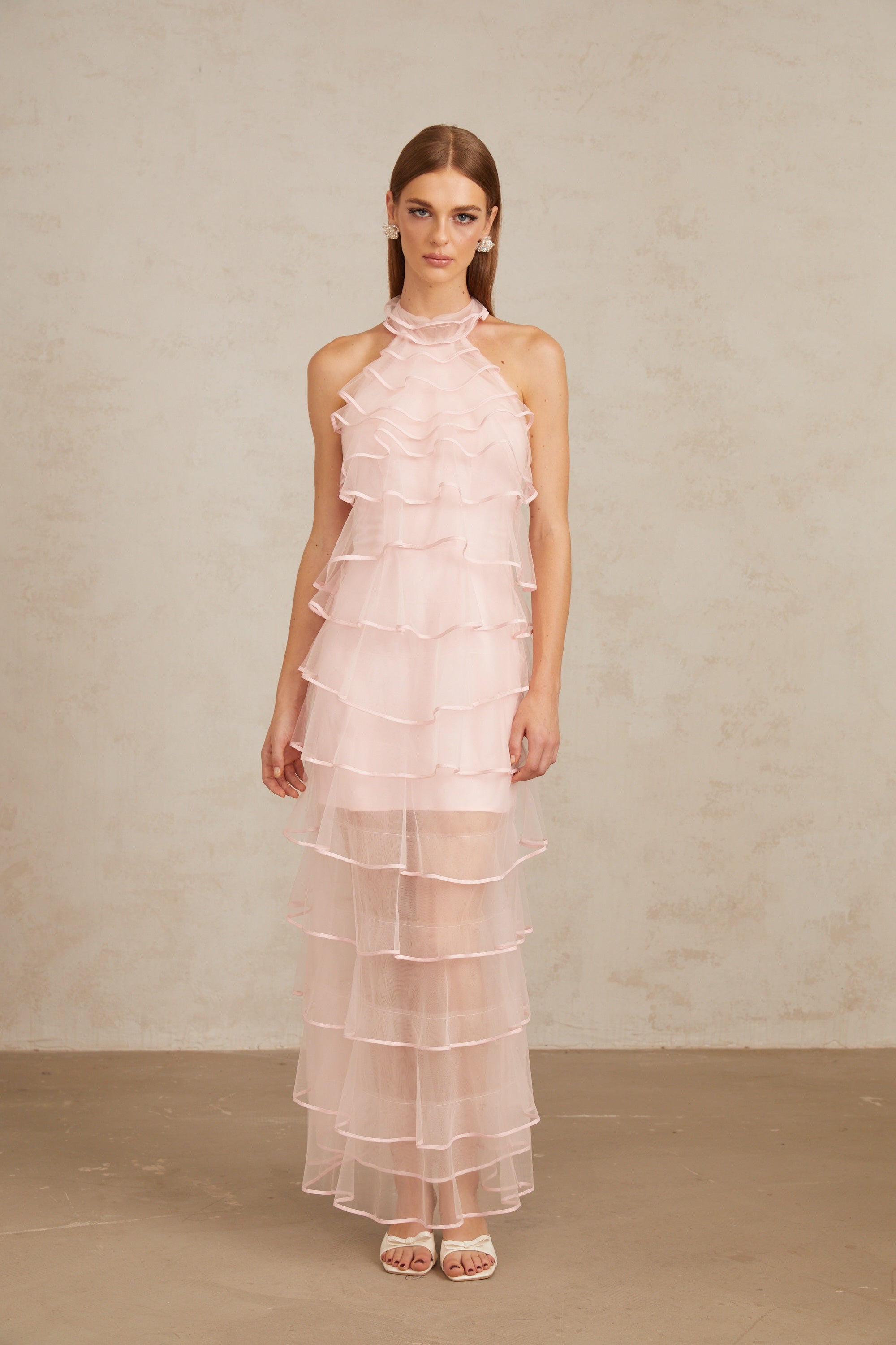 Nonchalante Pink Tiered Halterneck Maxi Dress