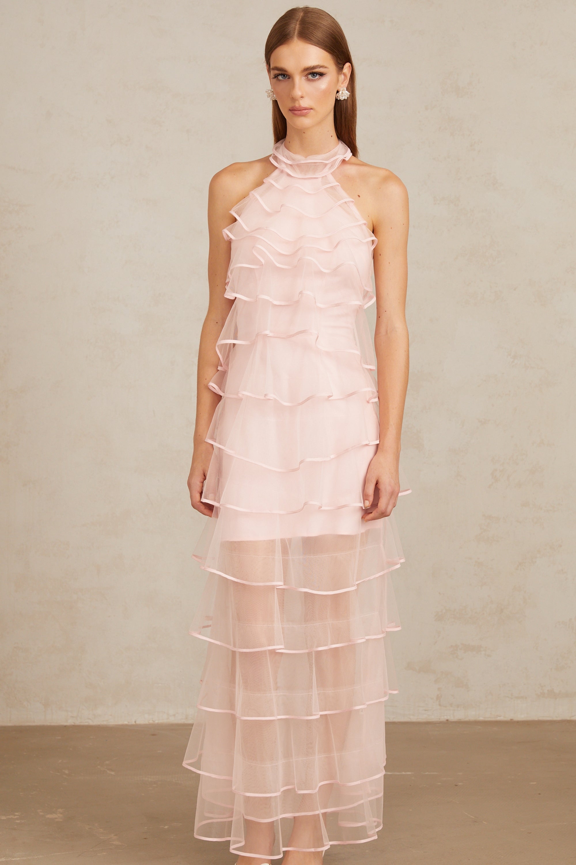 Nonchalante Pink Tiered Halterneck Maxi Dress