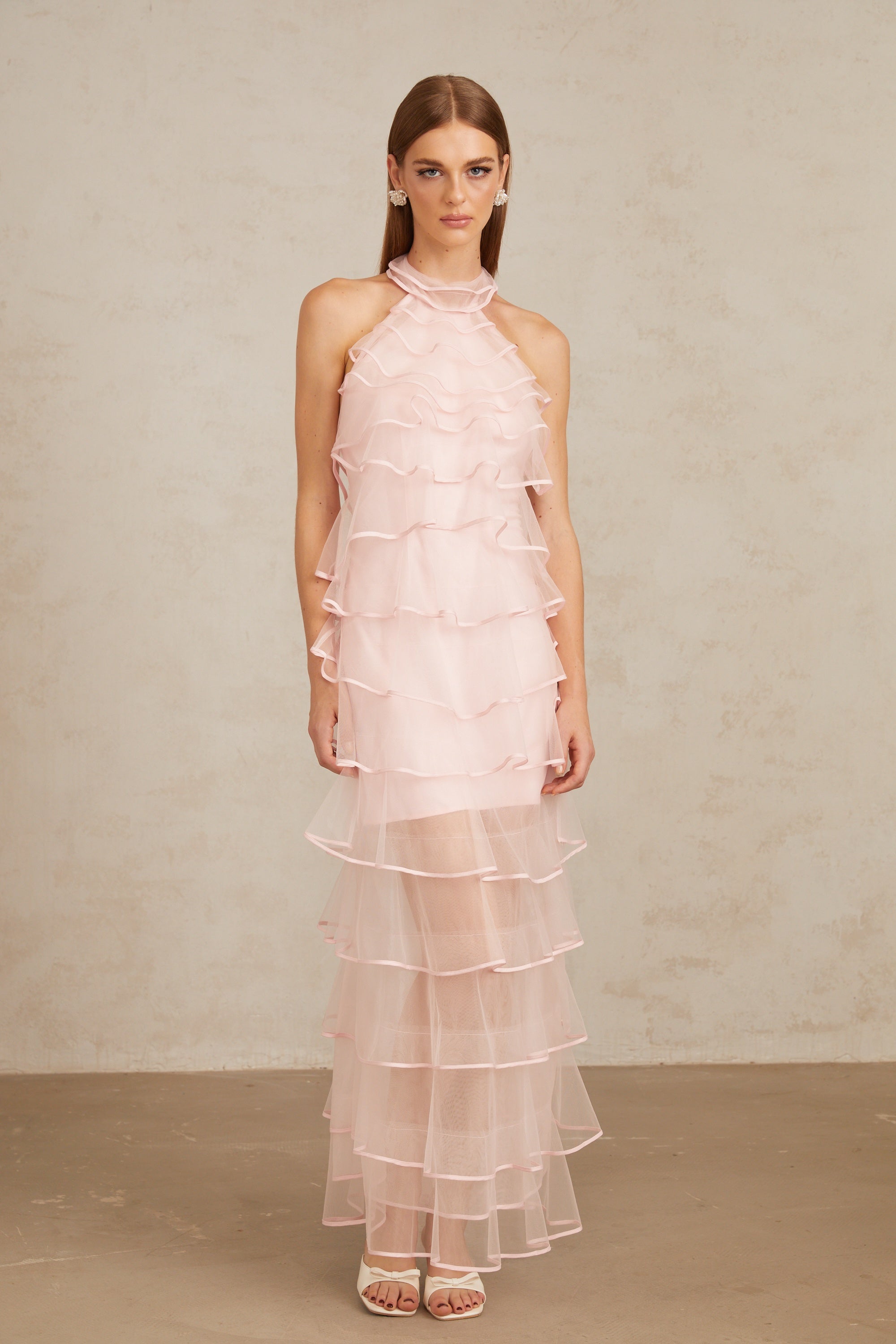 Nonchalante Pink Tiered Halterneck Maxi Dress