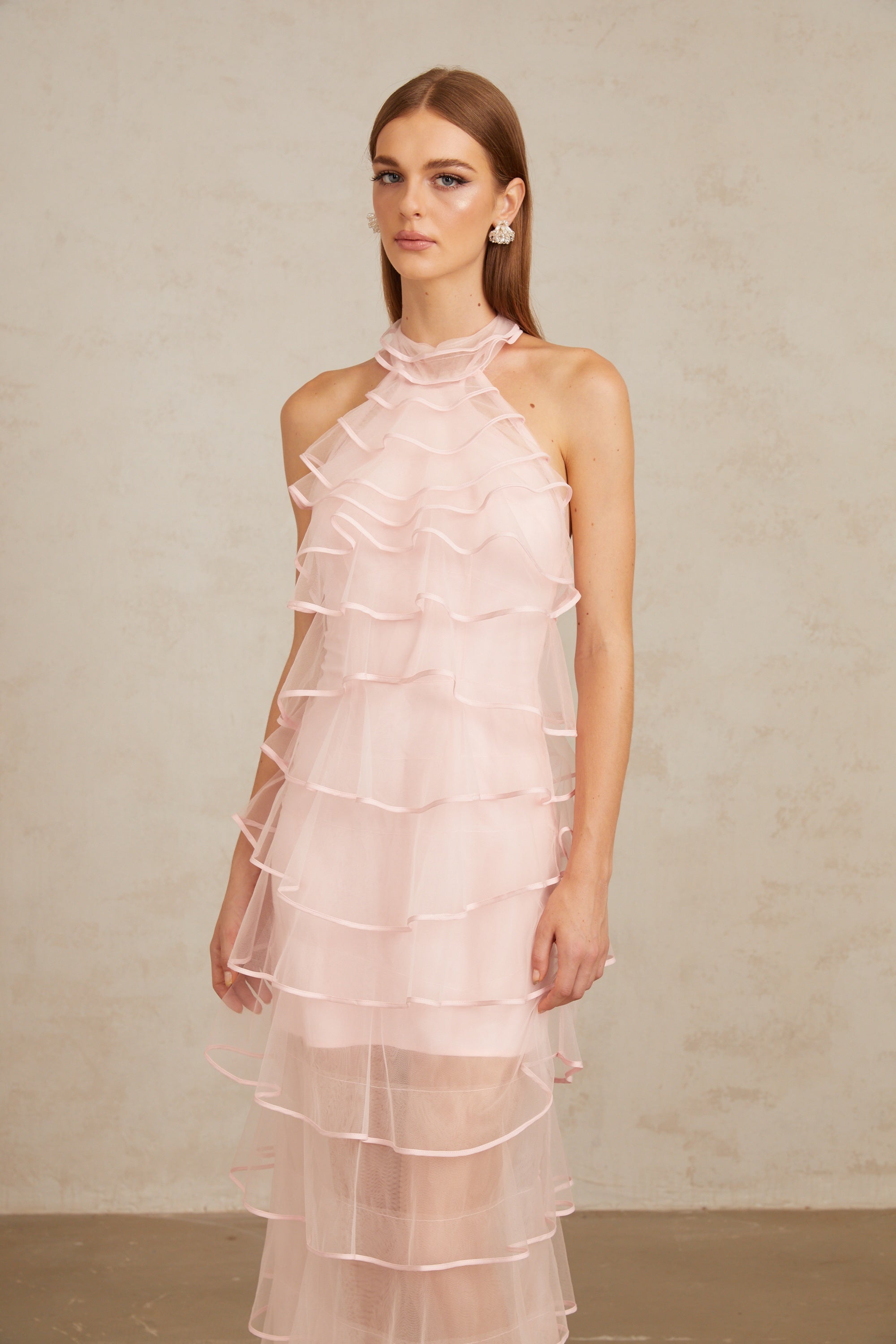 Nonchalante Pink Tiered Halterneck Maxi Dress