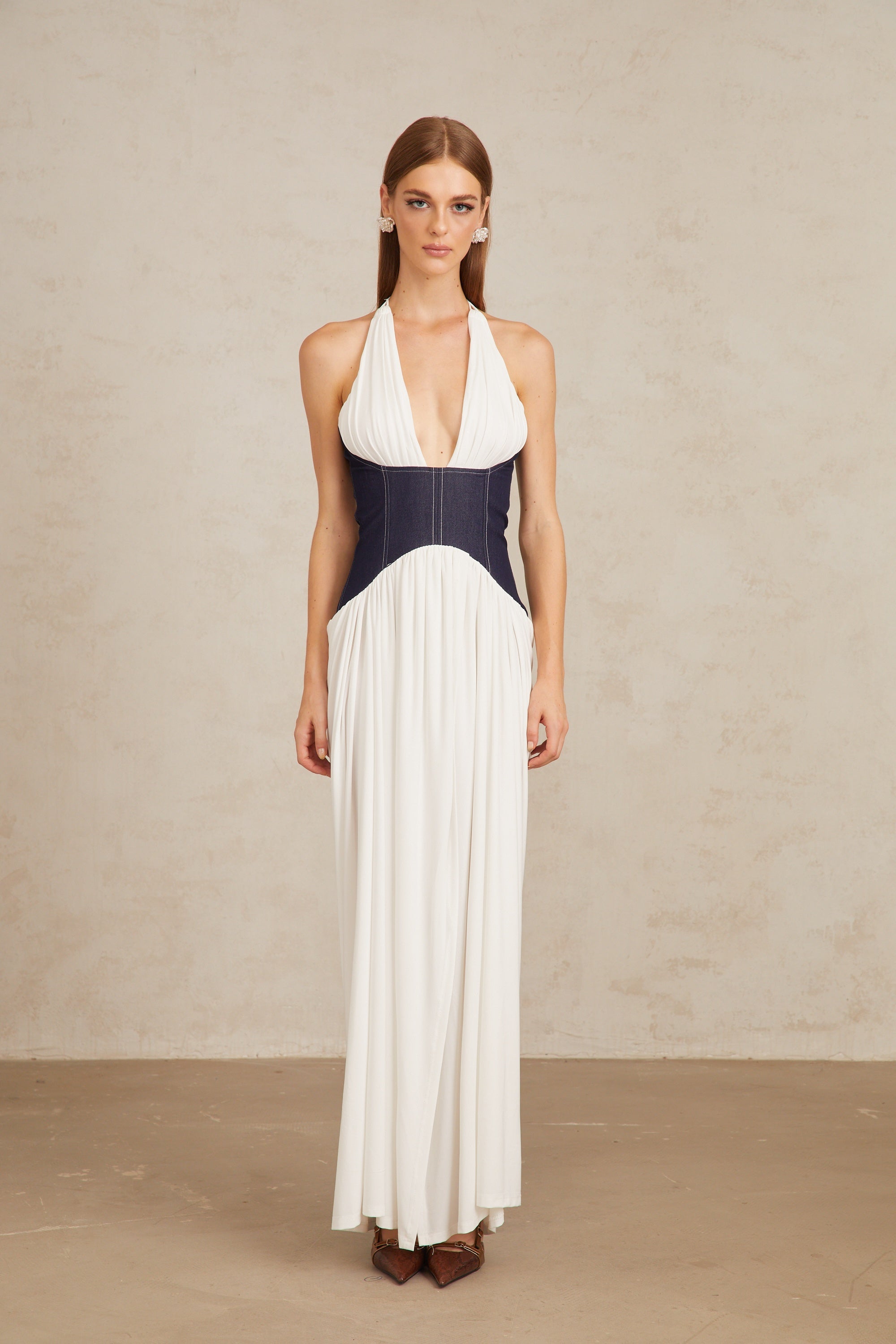 Airi White Halterneck Denim Panel Maxi Dress