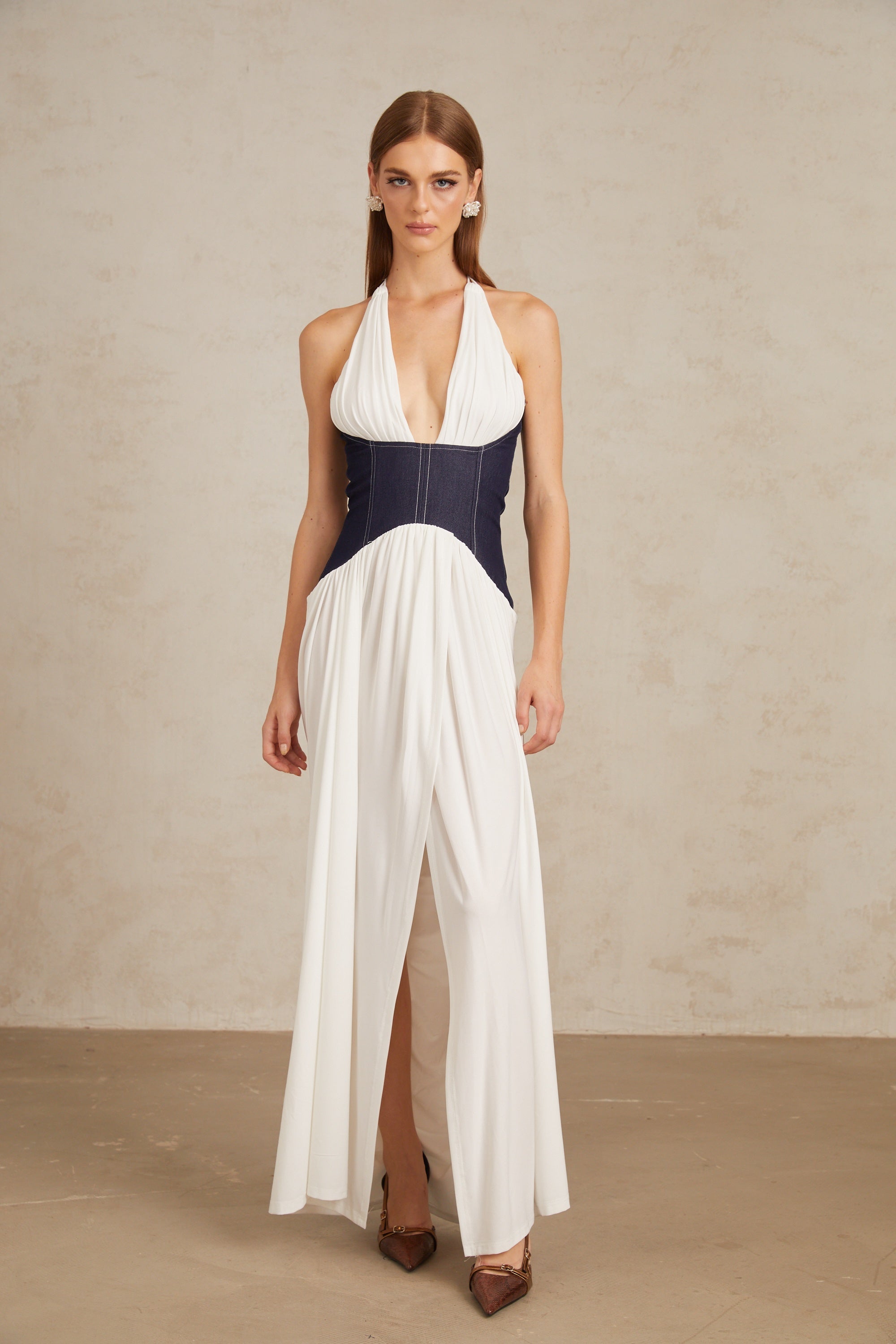 Airi White Halterneck Denim Panel Maxi Dress