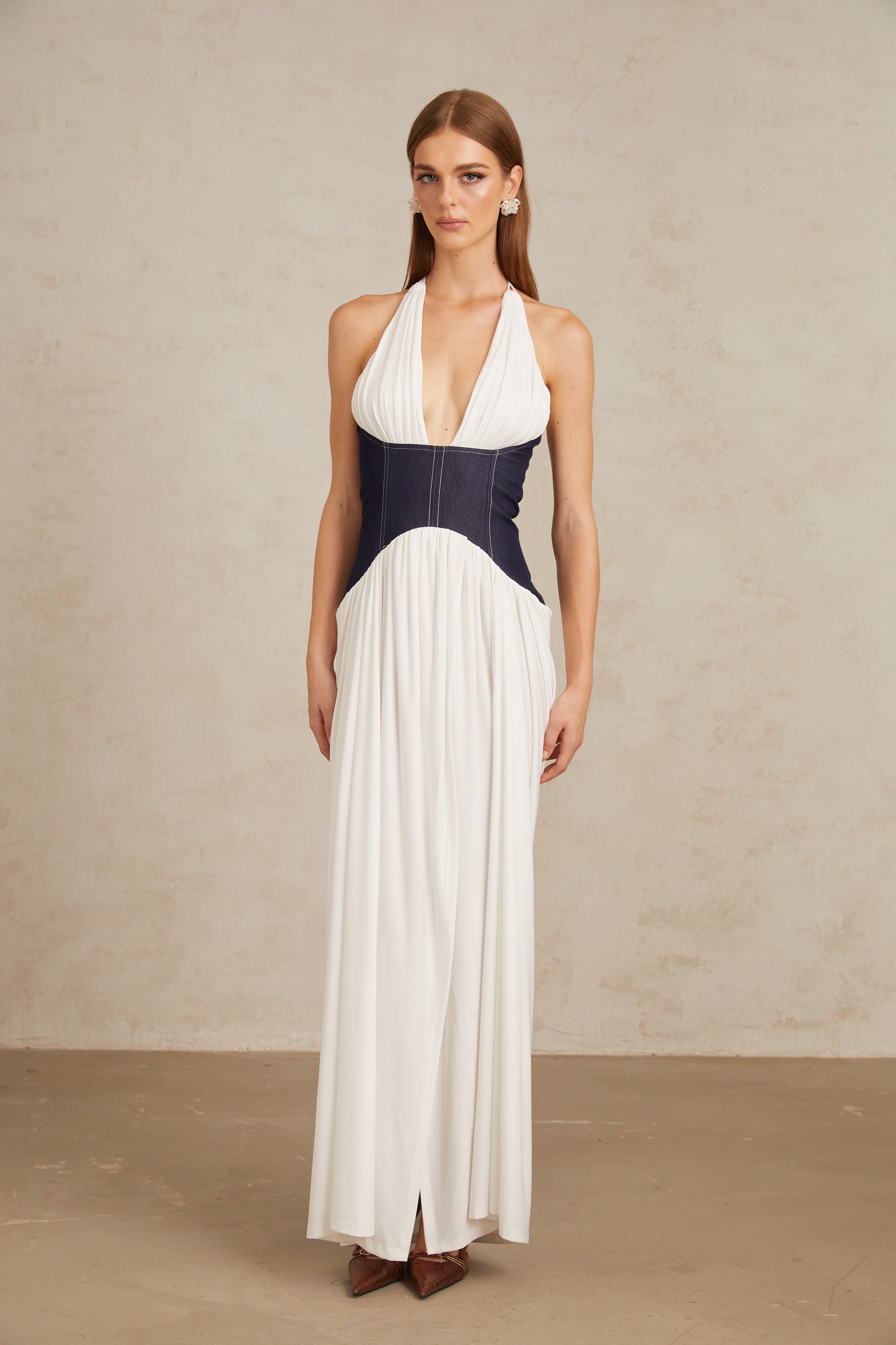 Airi White Halterneck Denim Panel Maxi Dress