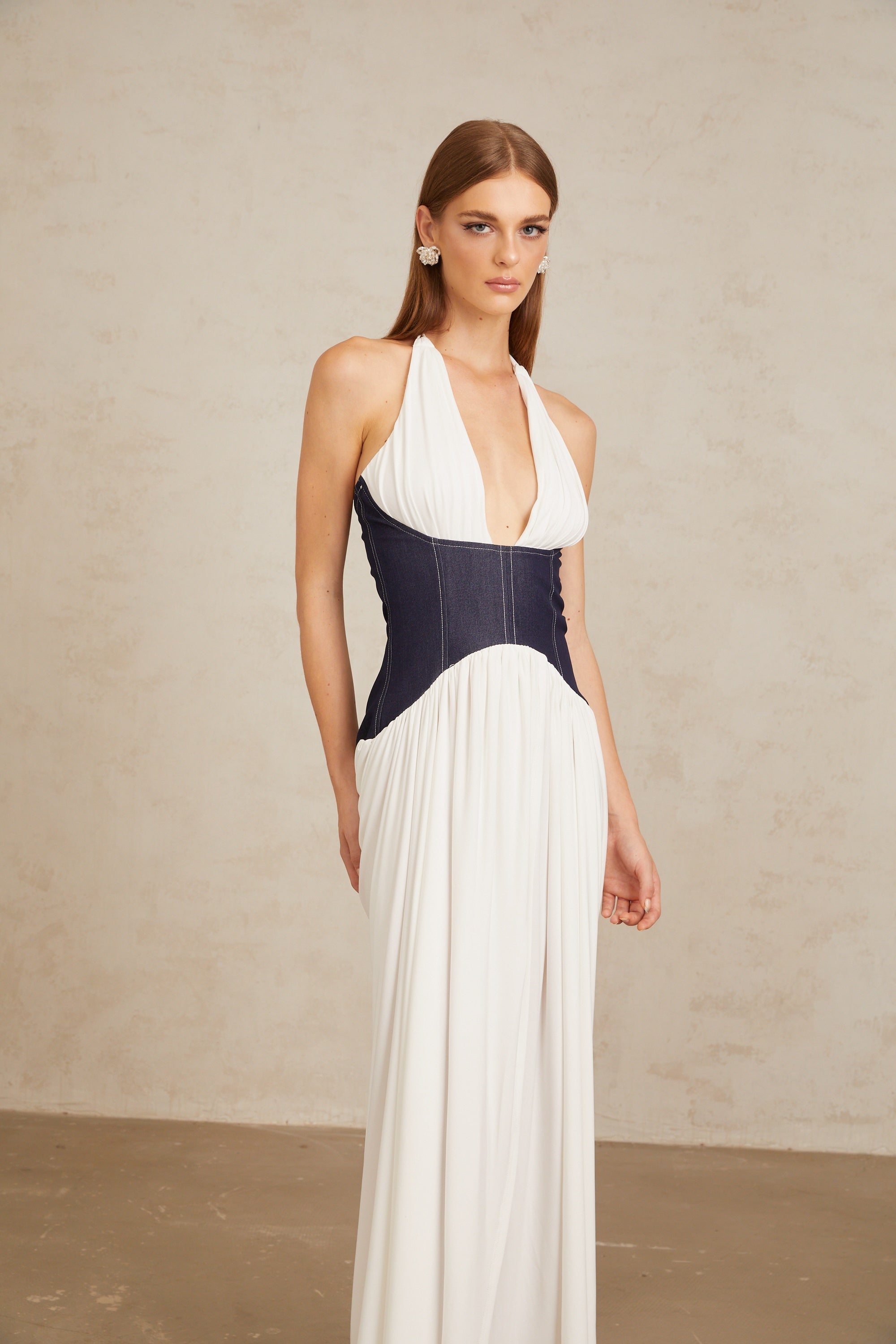 Airi White Halterneck Denim Panel Maxi Dress