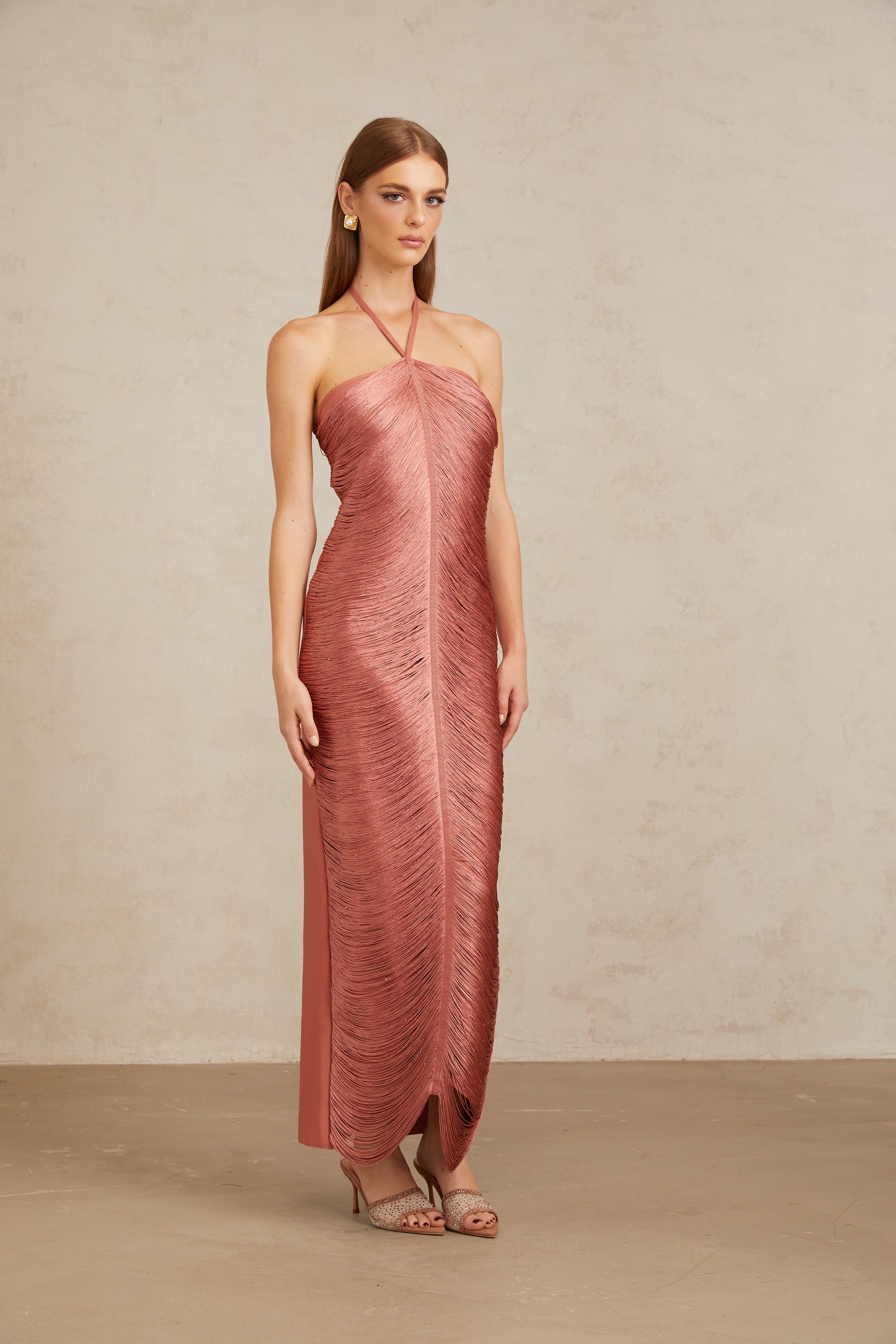 Polliana Pink Fringed Corset Maxi Gown