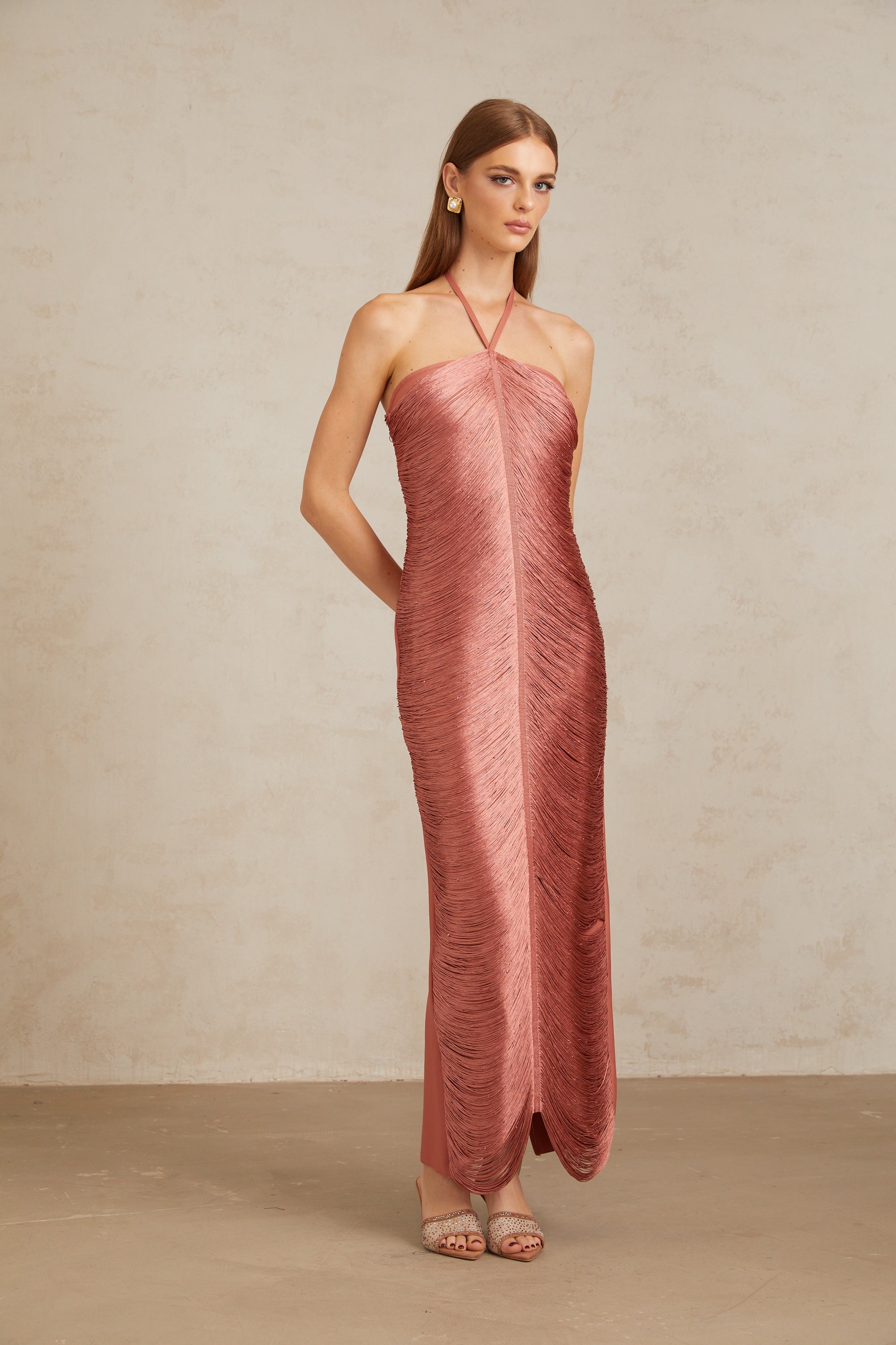 Polliana Pink Fringed Corset Maxi Gown