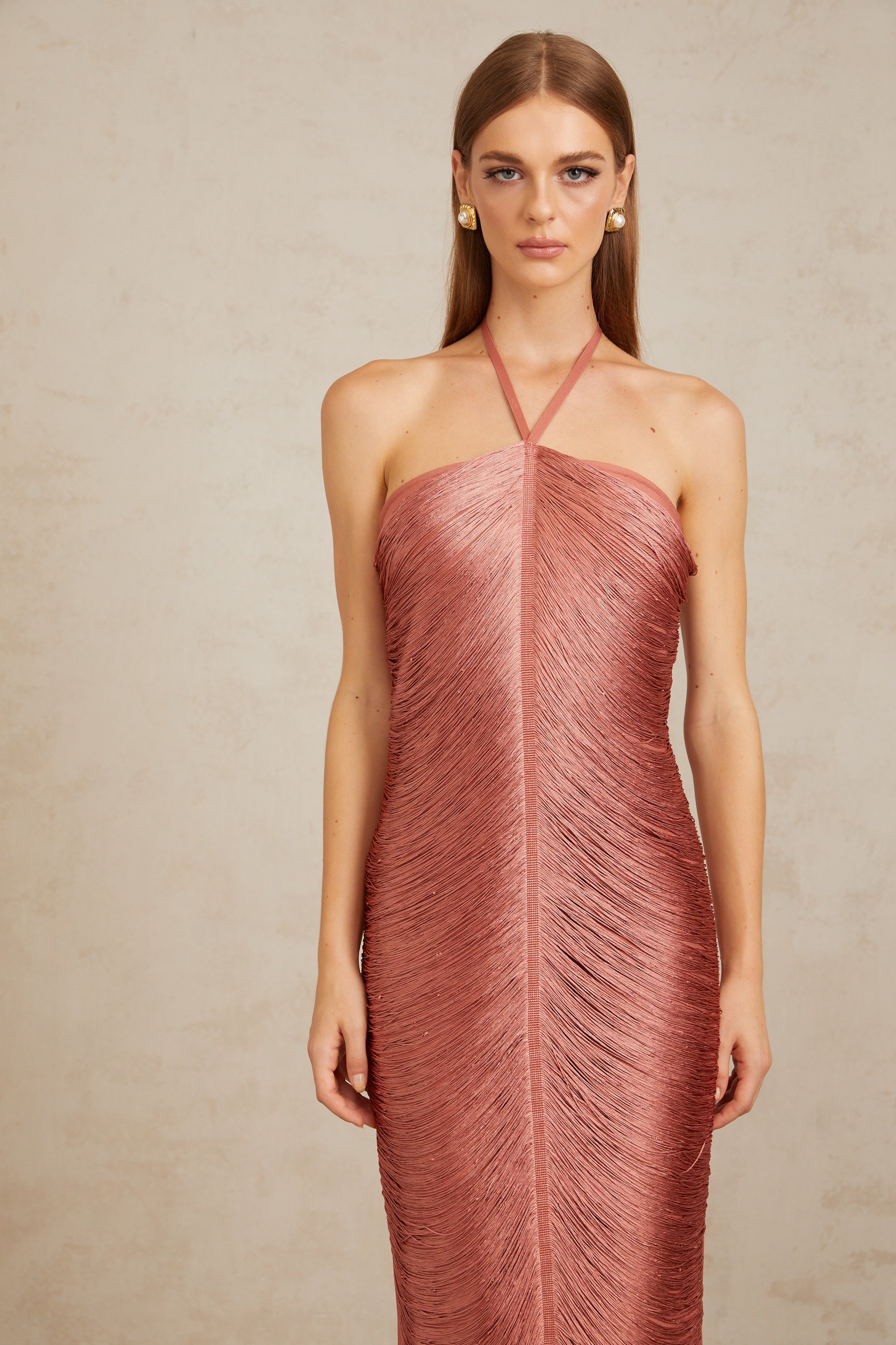 Polliana Pink Fringed Corset Maxi Gown