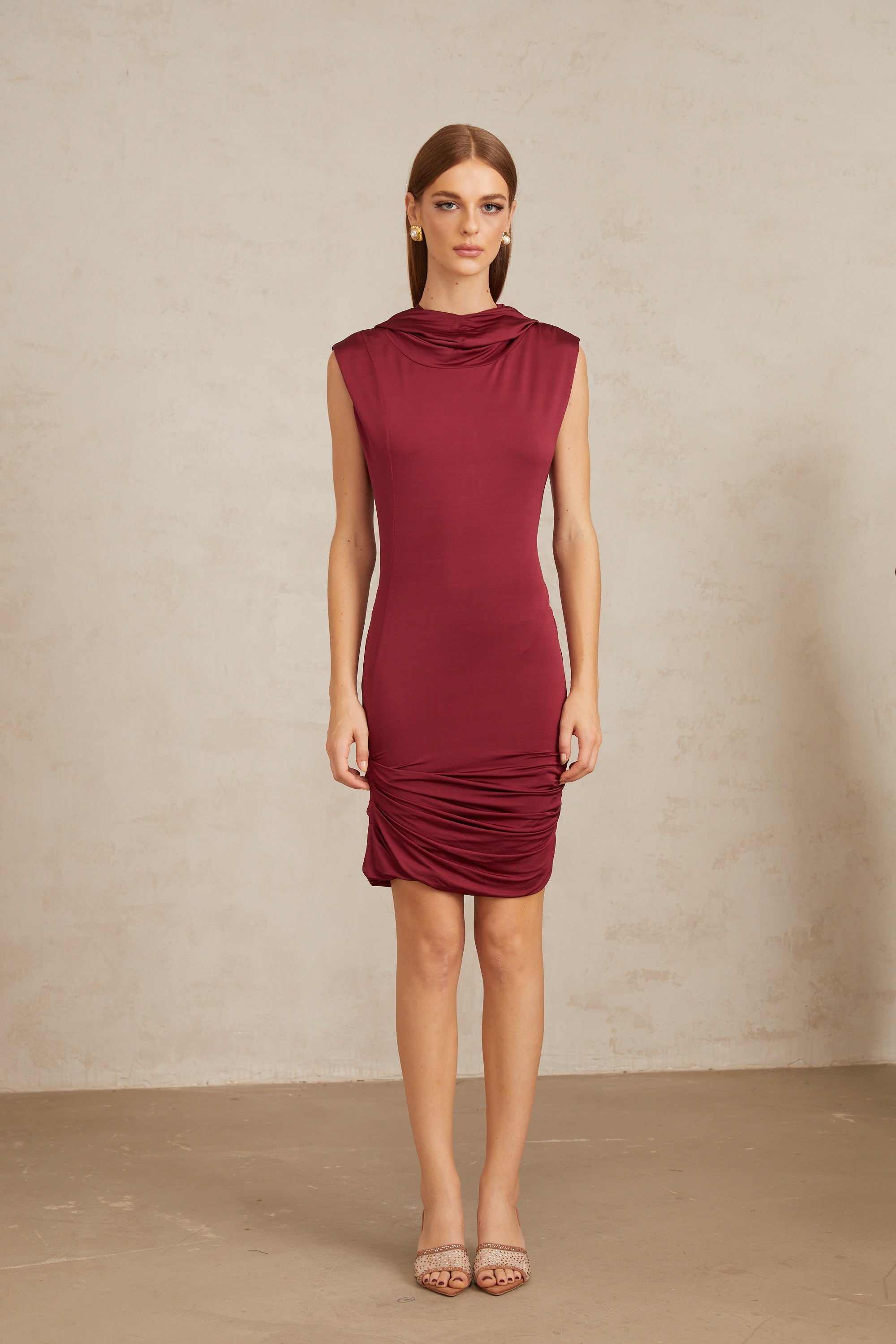 Aino Red Hooded Ruched Mini Dress