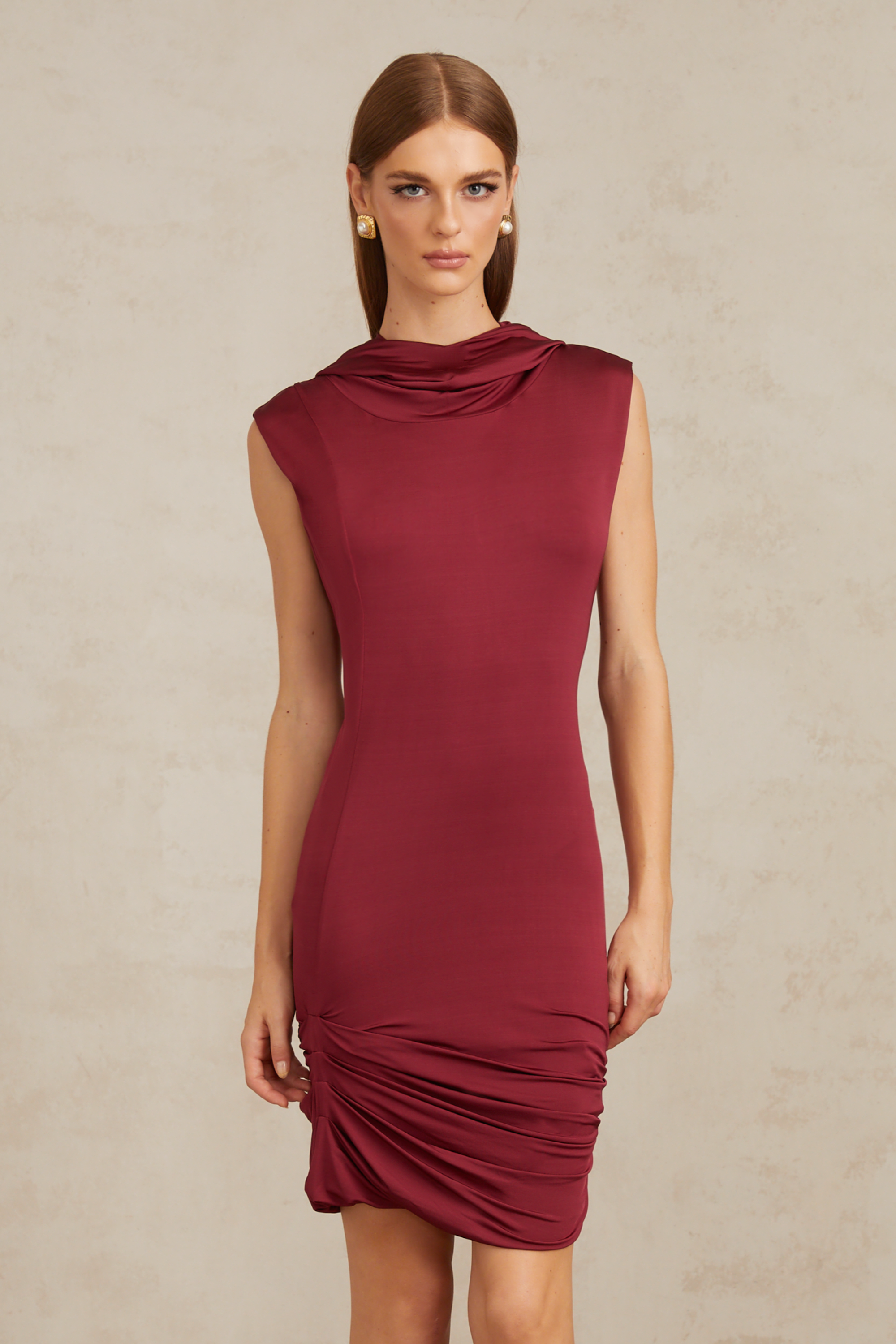 Aino Red Hooded Ruched Mini Dress