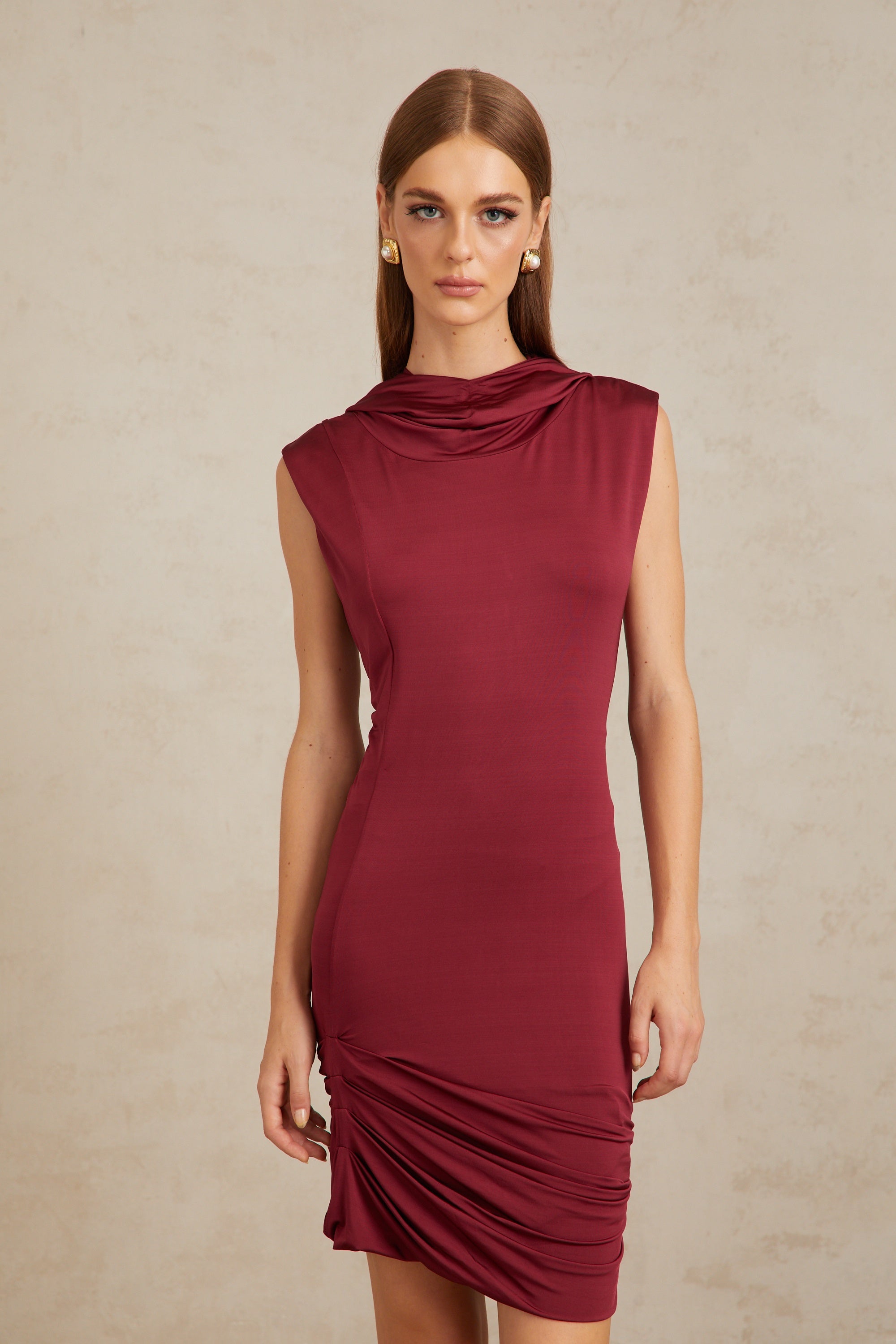 Aino Red Hooded Ruched Mini Dress