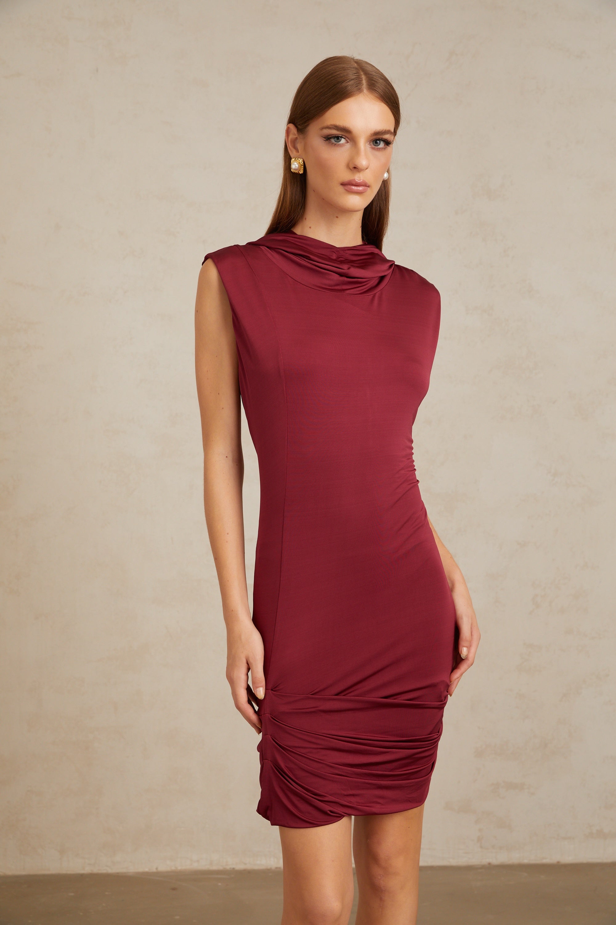 Aino Red Hooded Ruched Mini Dress