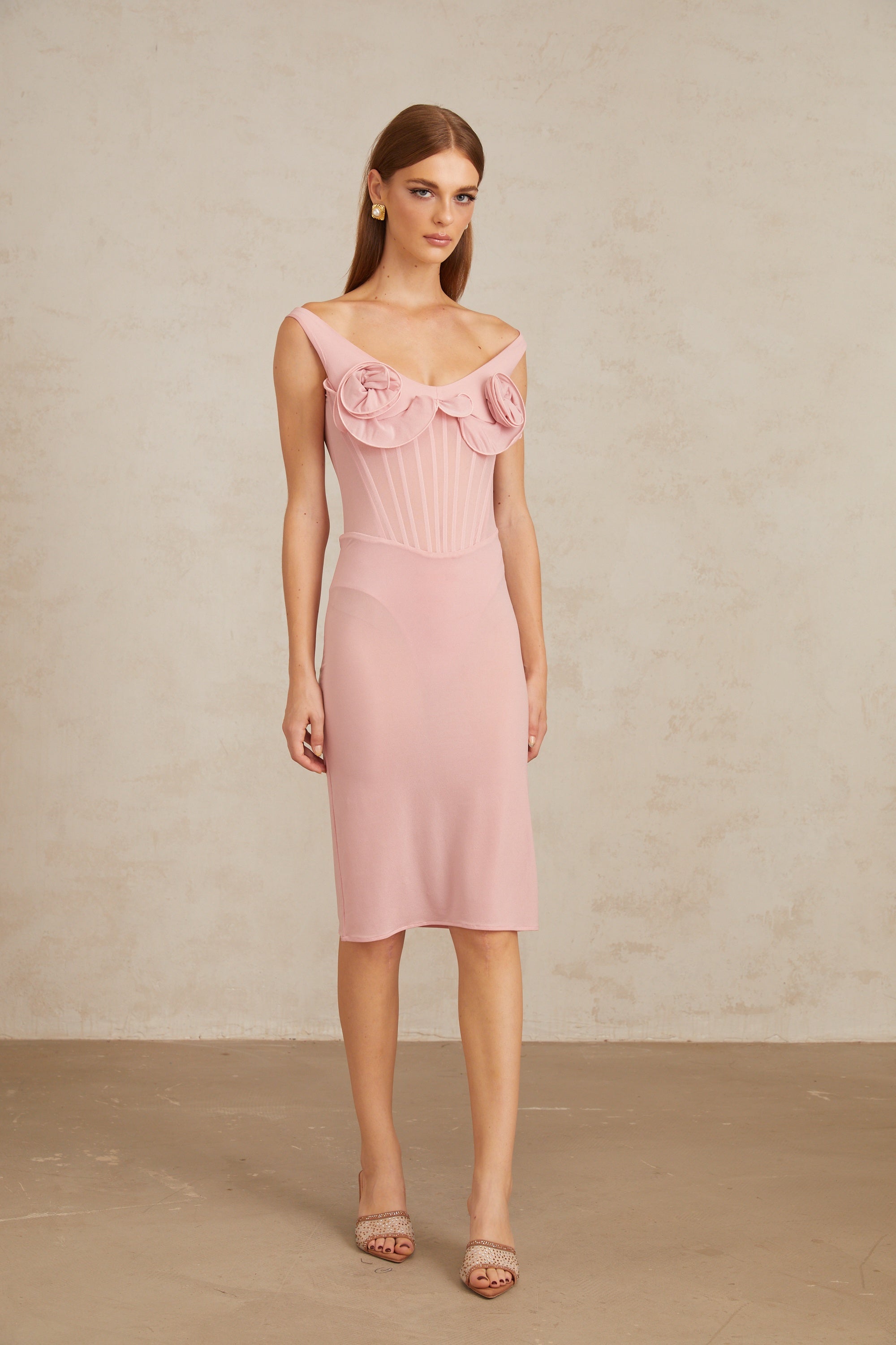 Aada Pink Fitted 3D Petal Midi Dress