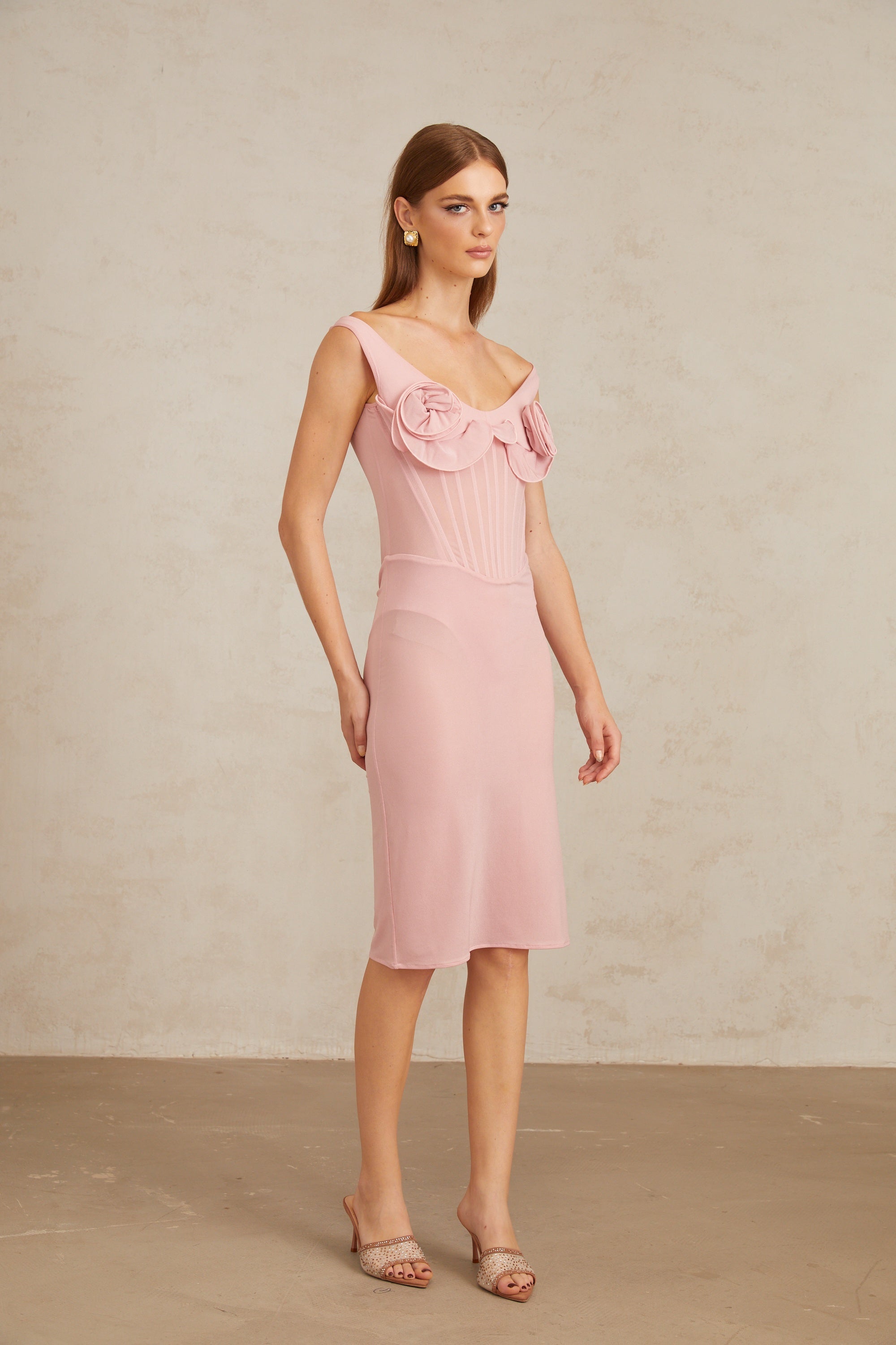 Aada Pink Fitted 3D Petal Midi Dress