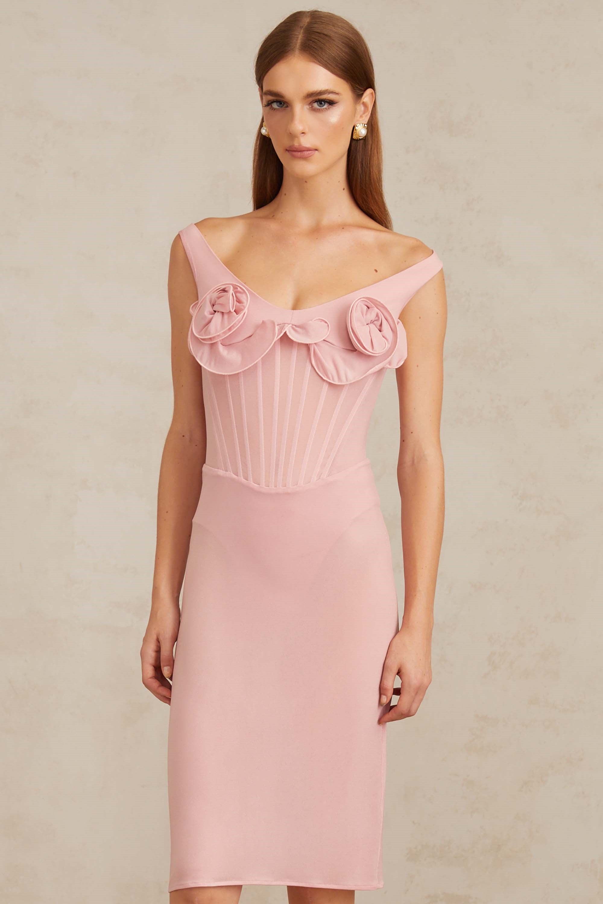 Aada Pink Fitted 3D Petal Midi Dress
