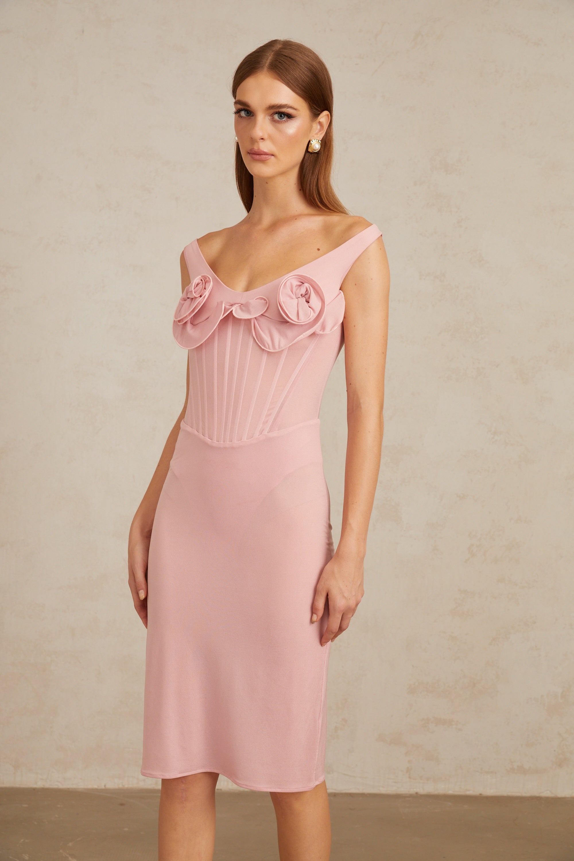 Aada Pink Fitted 3D Petal Midi Dress