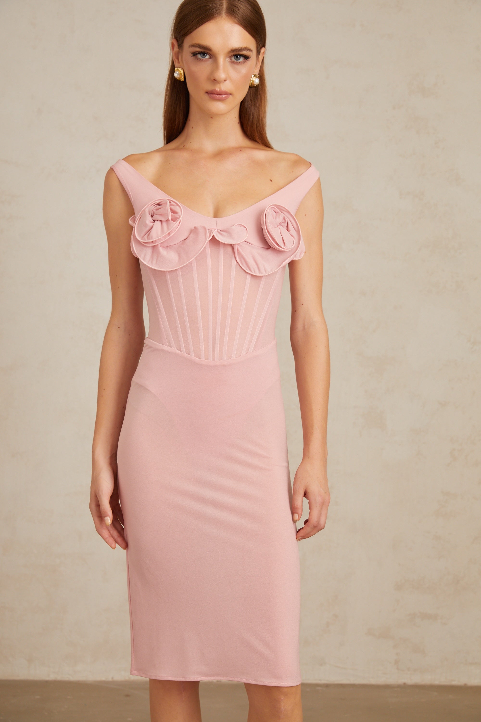 Aada Pink Fitted 3D Petal Midi Dress