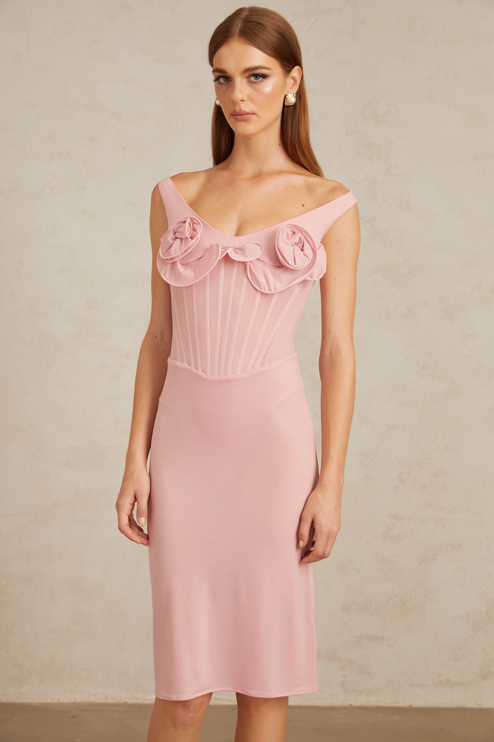 Aada Pink Fitted 3D Petal Midi Dress