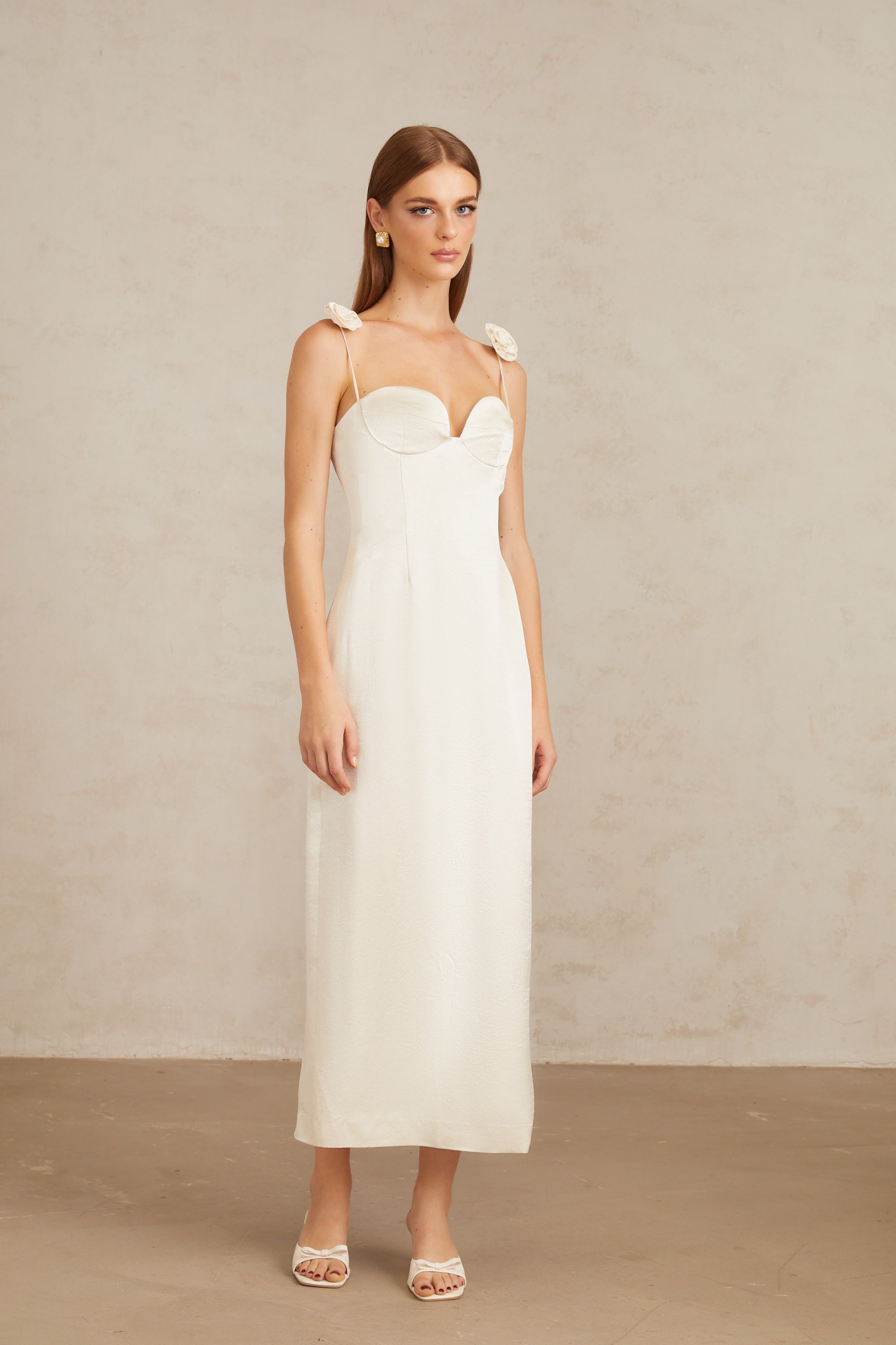 Ida White Floral Satin Midi Dress