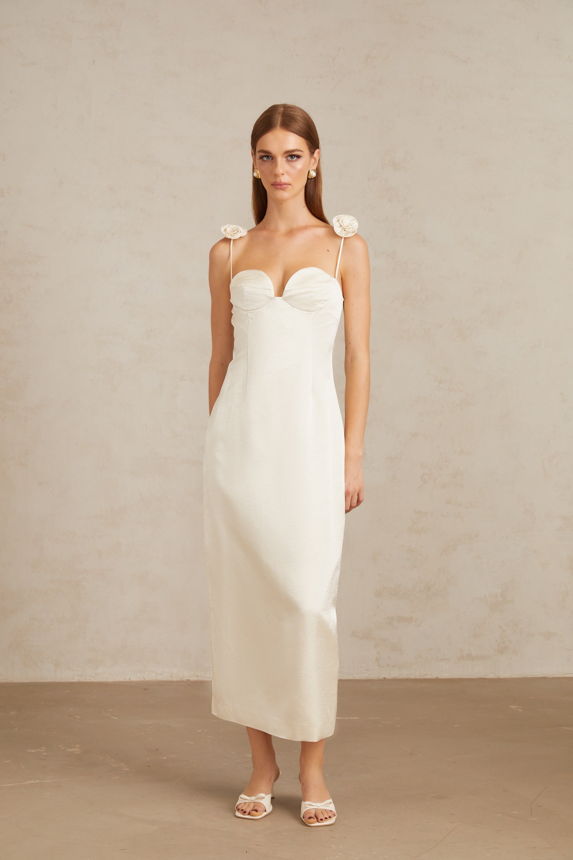 Ida White Floral Satin Midi Dress