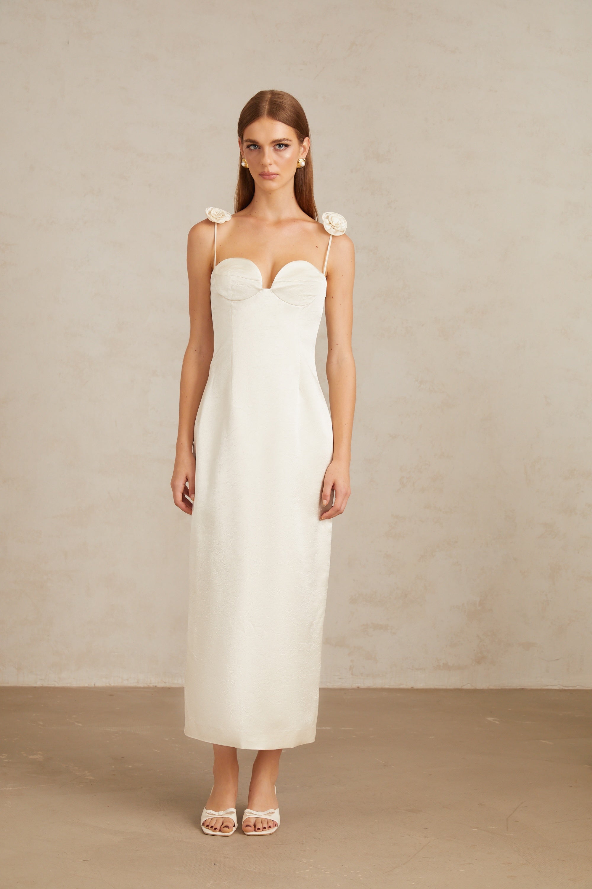 Ida White Floral Satin Midi Dress