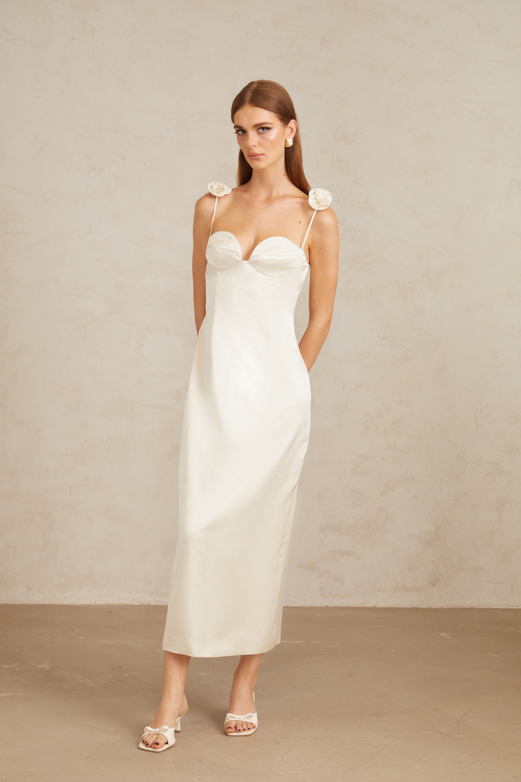 Ida White Floral Satin Midi Dress