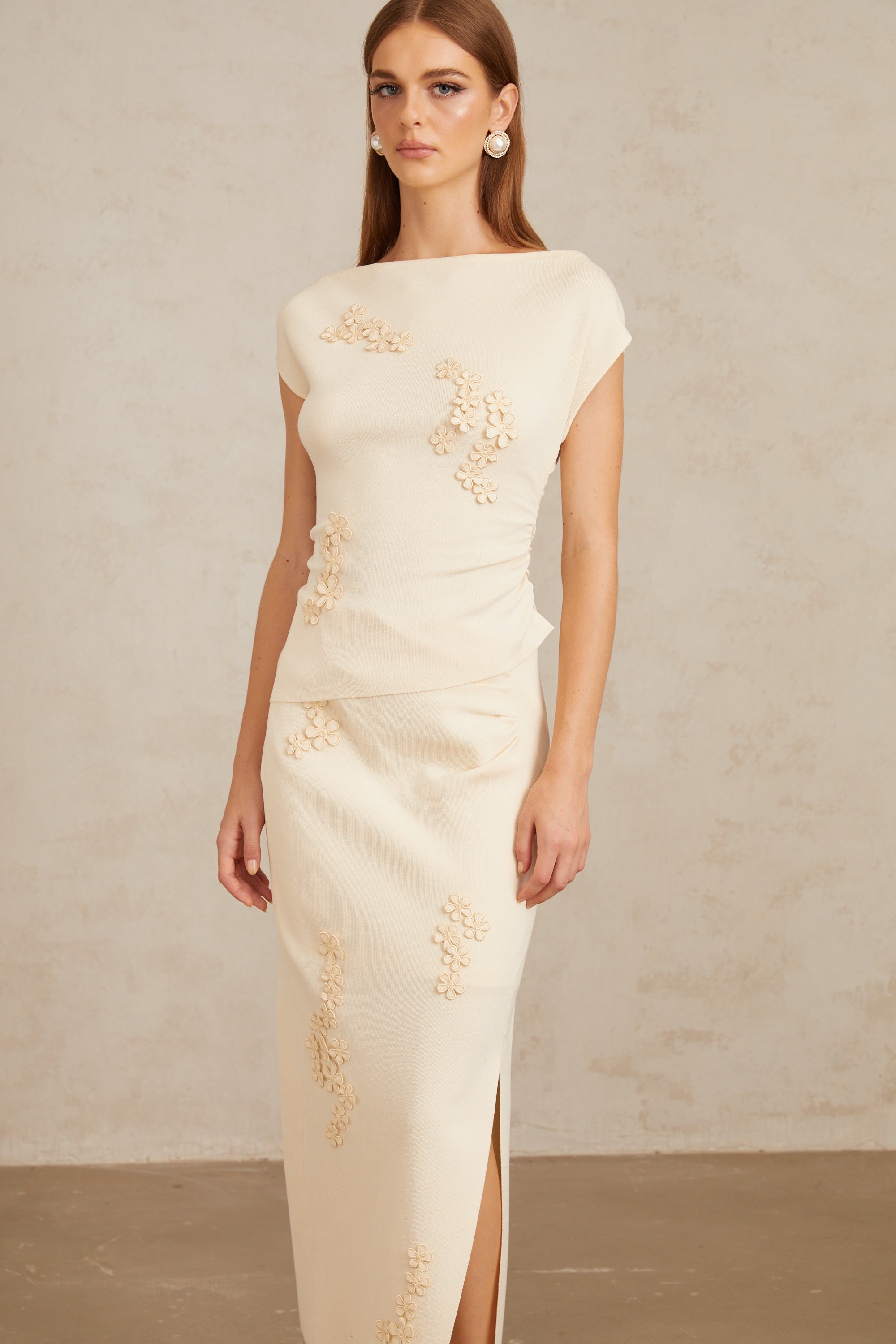 Étienne Neutral Floral Appliqué Knit Top & Skirt Set