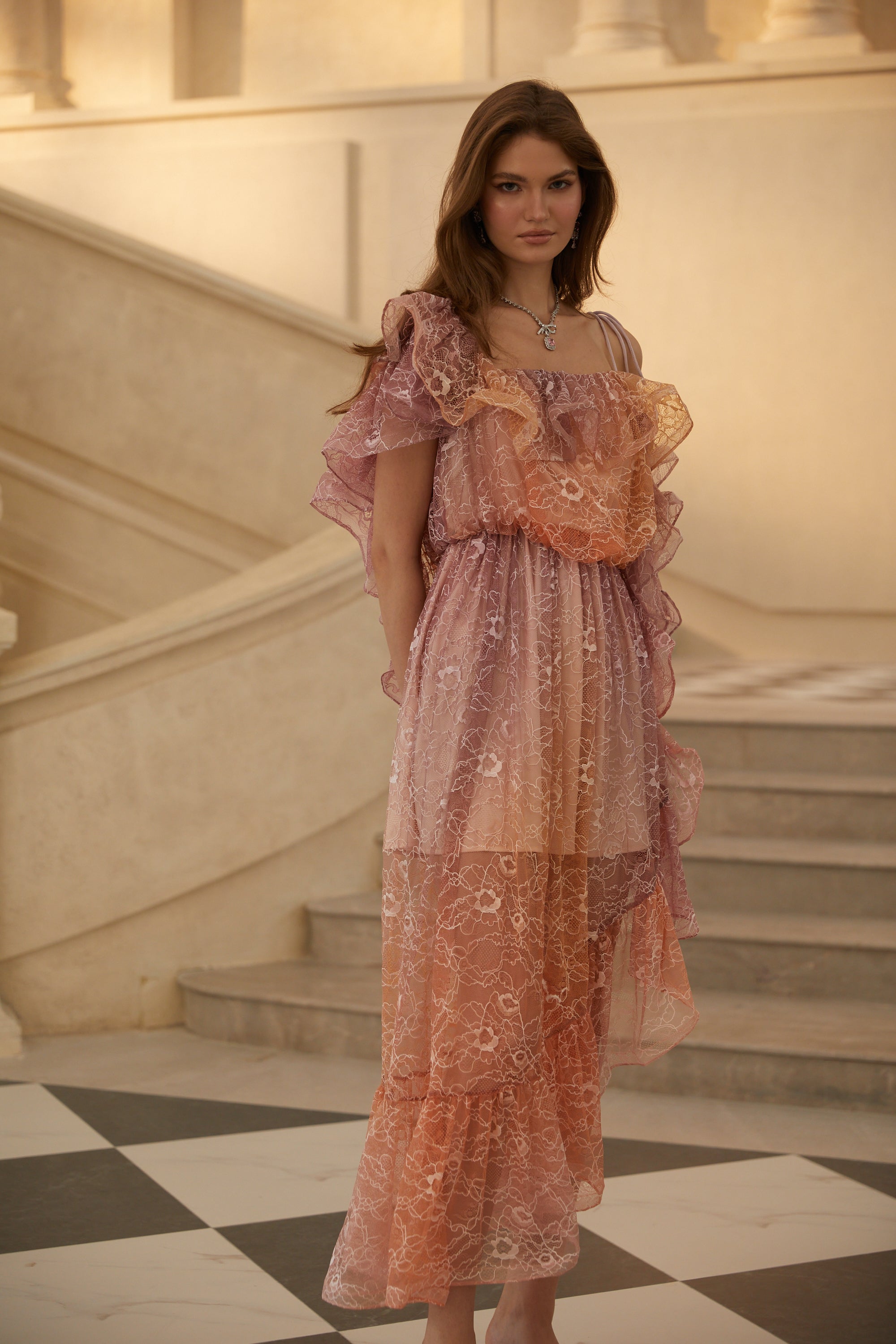 Éva Purple Gradient Floral Lace Midi Dress