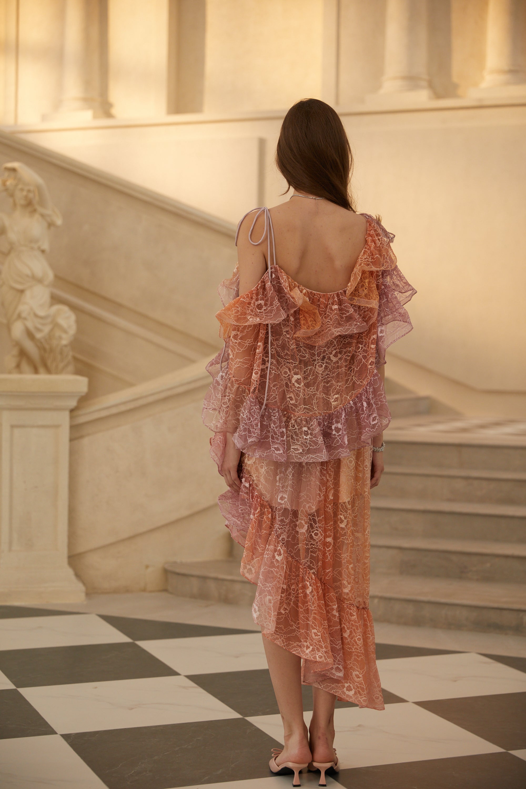 Éva Purple Gradient Floral Lace Midi Dress