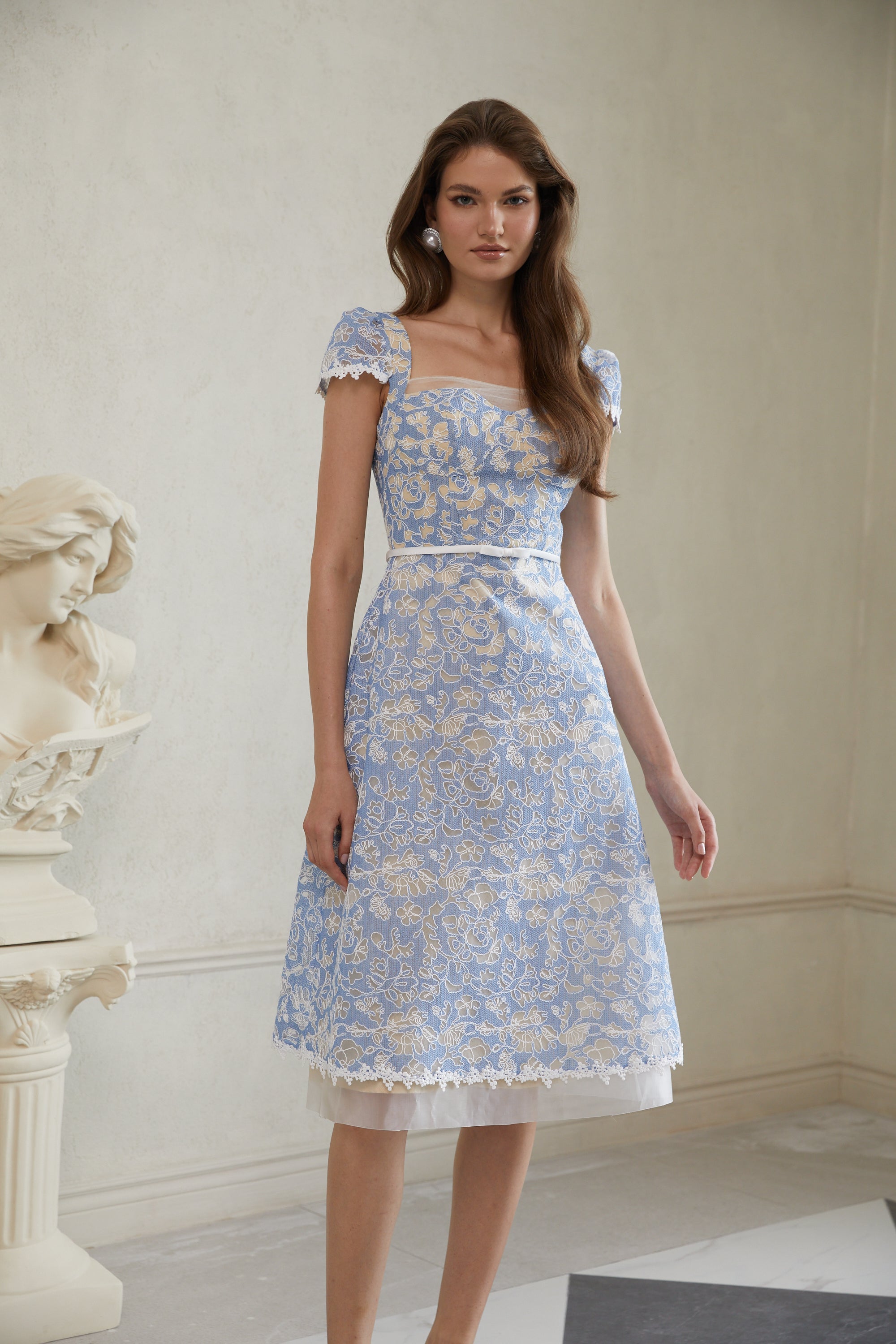 Gaëlle Blue Floral Embroidered Midi Dress