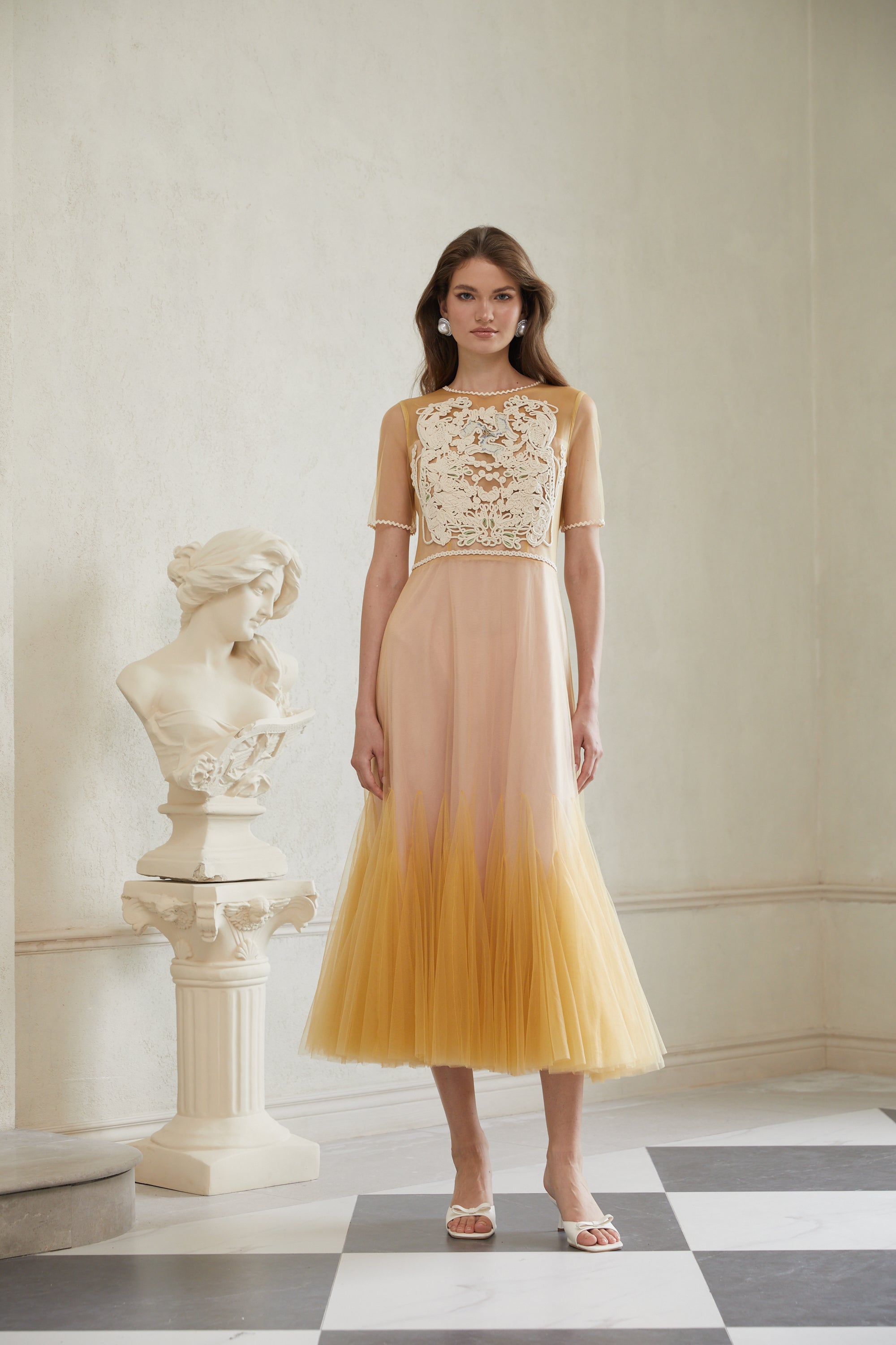 Despoina Yellow Floral Braided Tulle Midi Dress