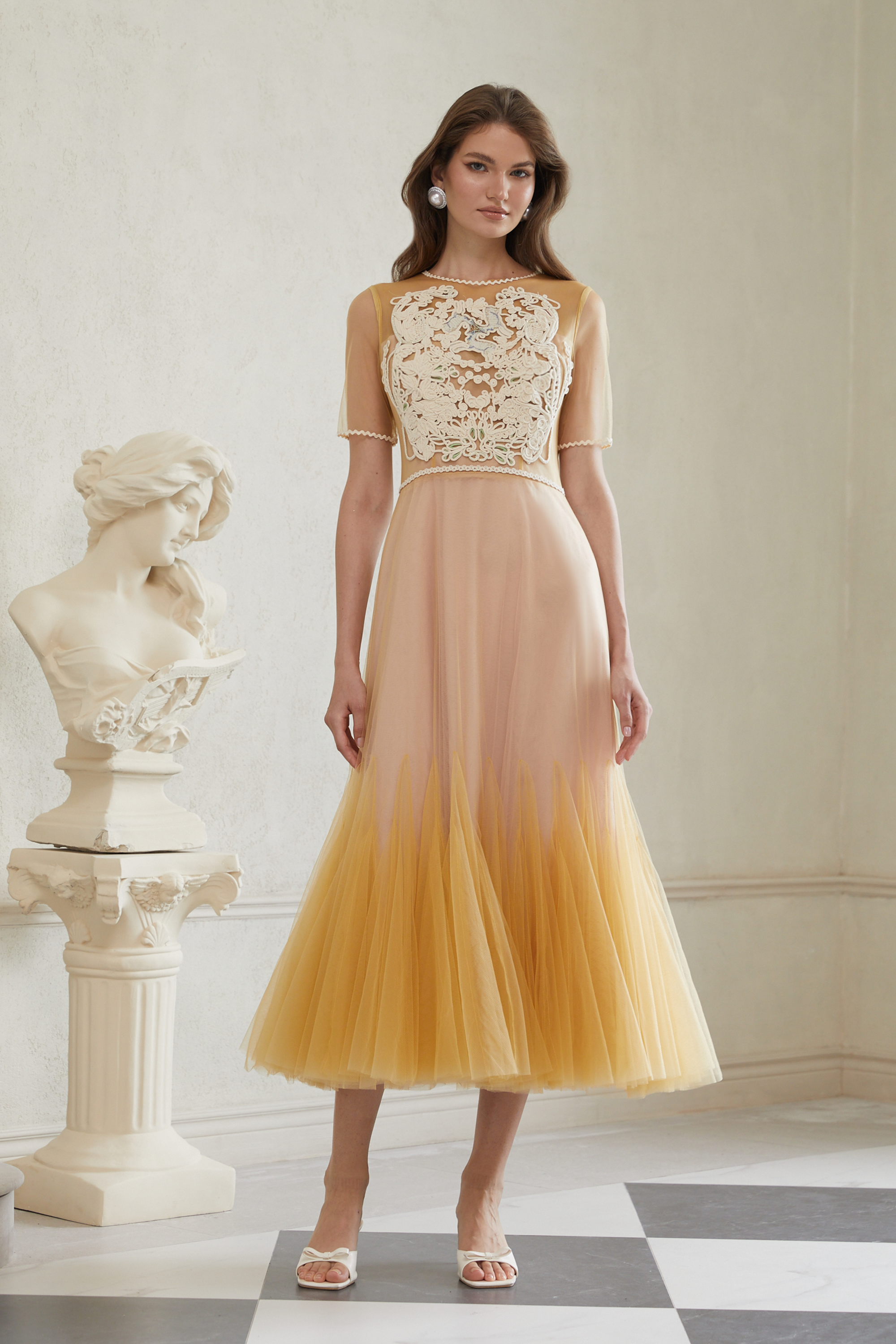 Despoina Yellow Floral Braided Tulle Midi Dress