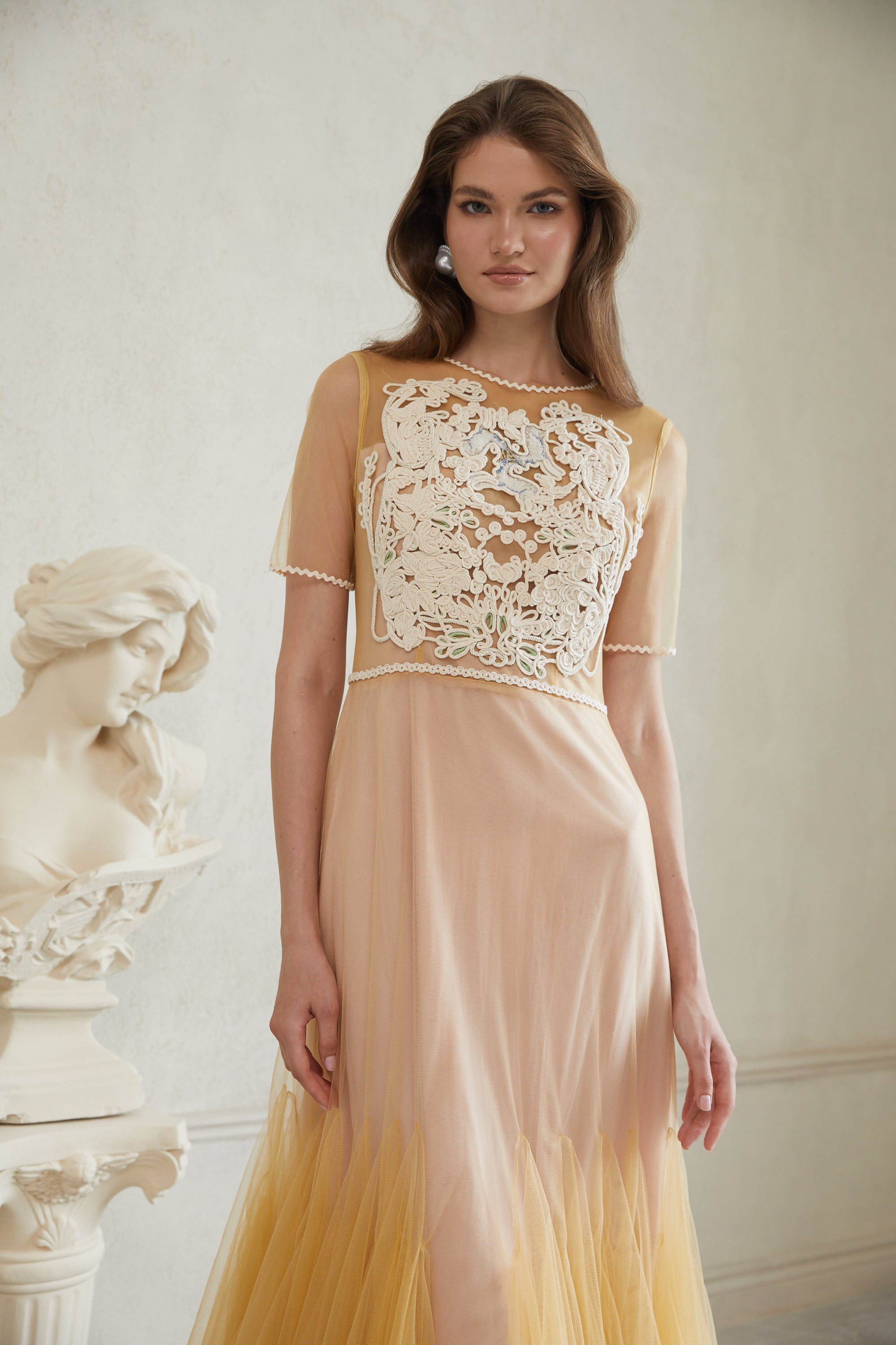 Despoina Yellow Floral Braided Tulle Midi Dress