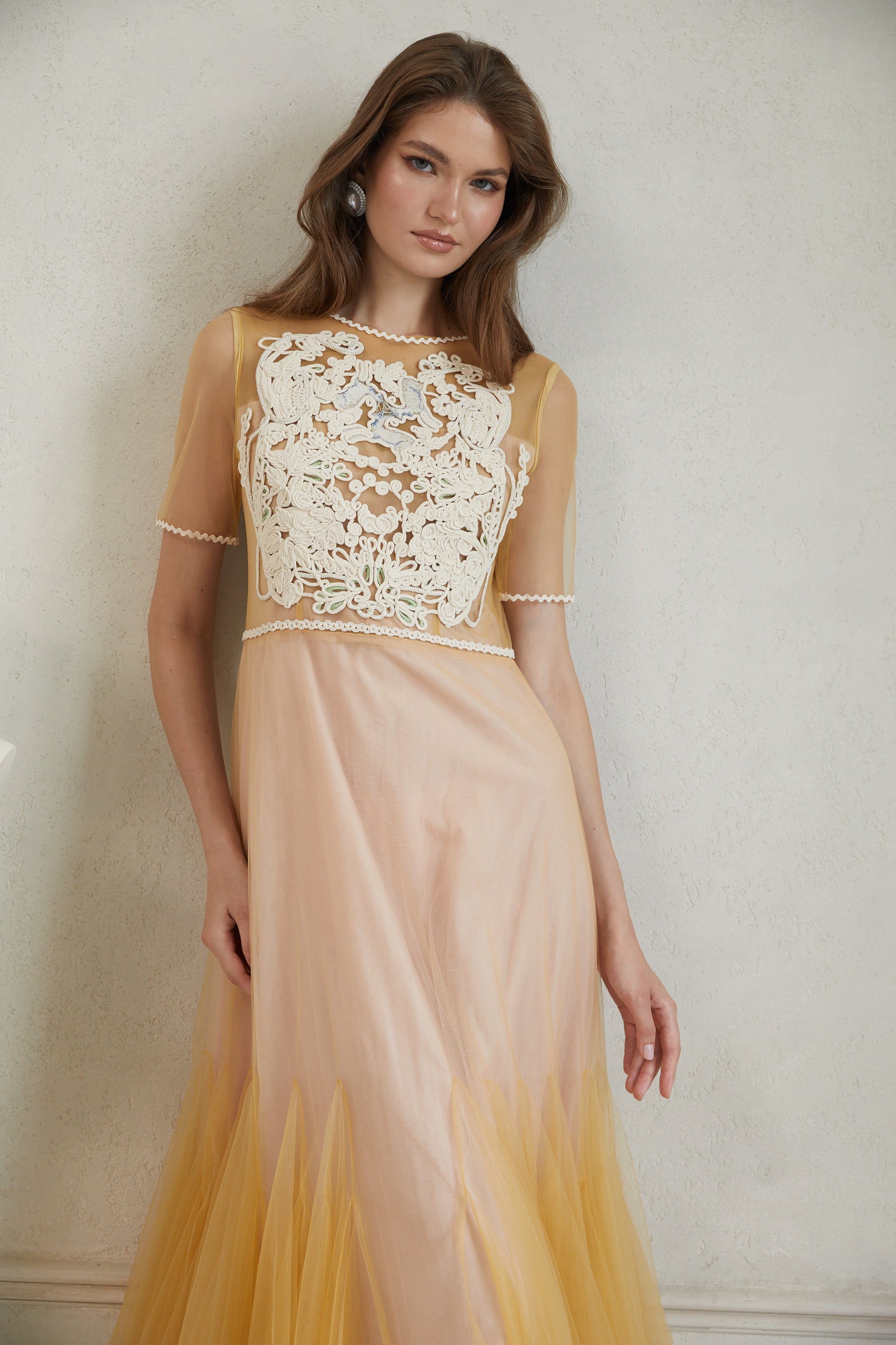 Despoina Yellow Floral Braided Tulle Midi Dress