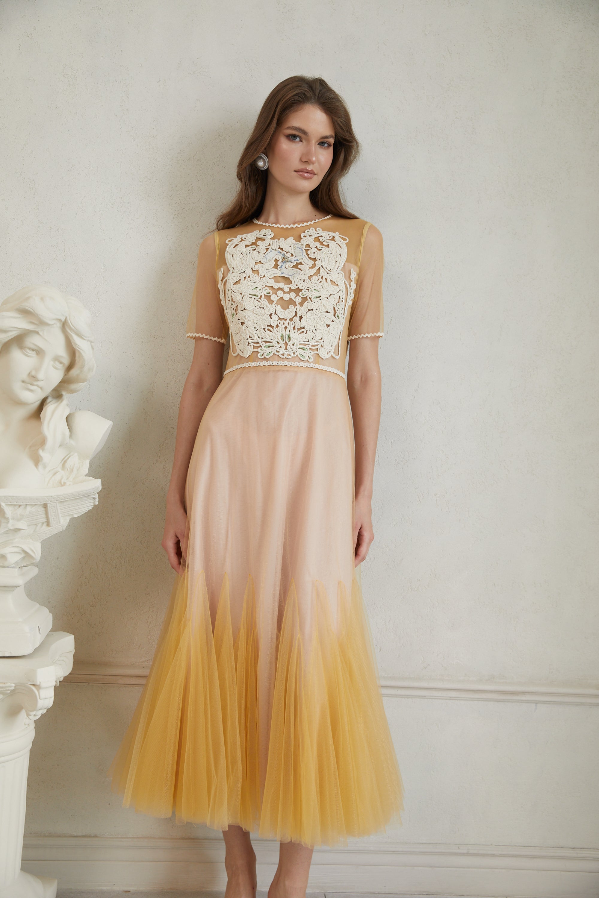Despoina Yellow Floral Braided Tulle Midi Dress