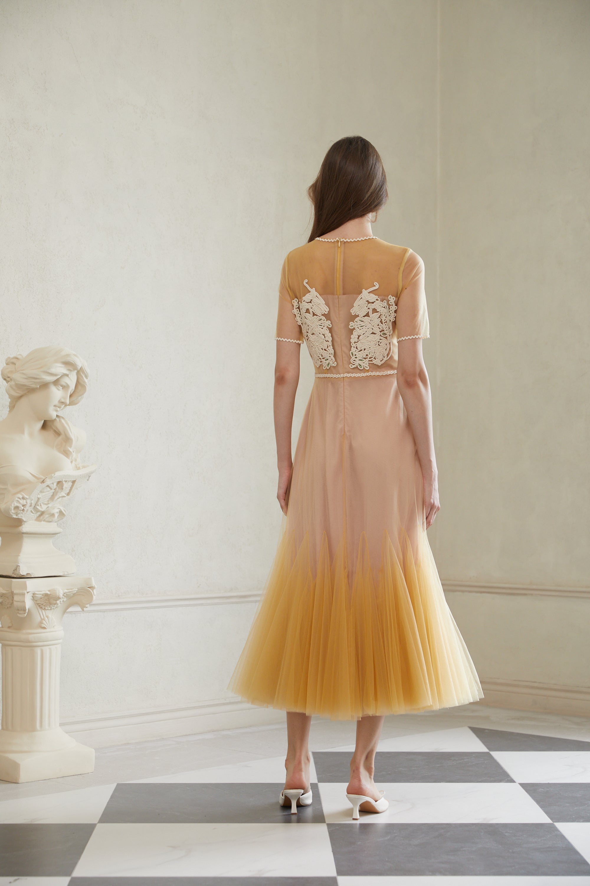 Despoina Yellow Floral Braided Tulle Midi Dress