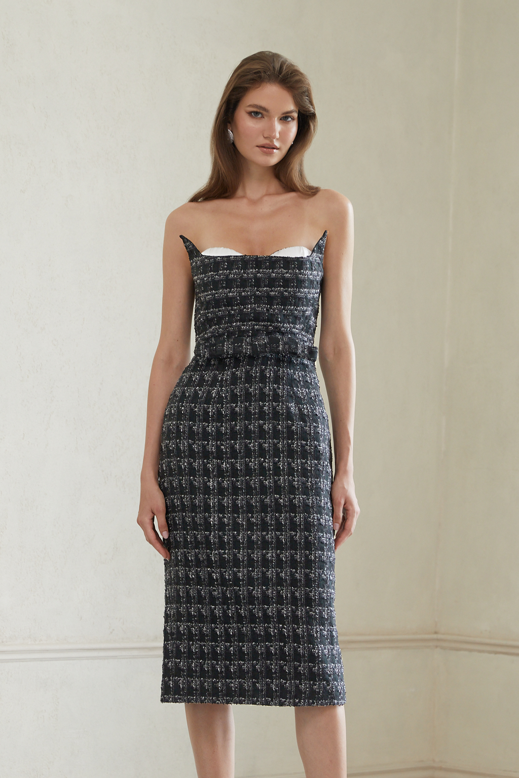 Rauha Black Plaid Weave Tweed Midi Dress