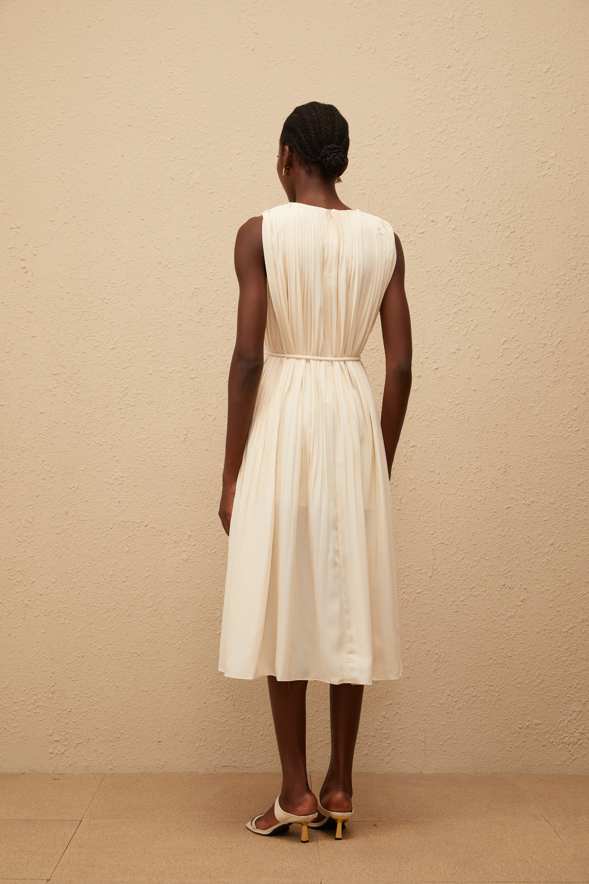 Célestine Neutral Sleeveless Pleated Midi Dress