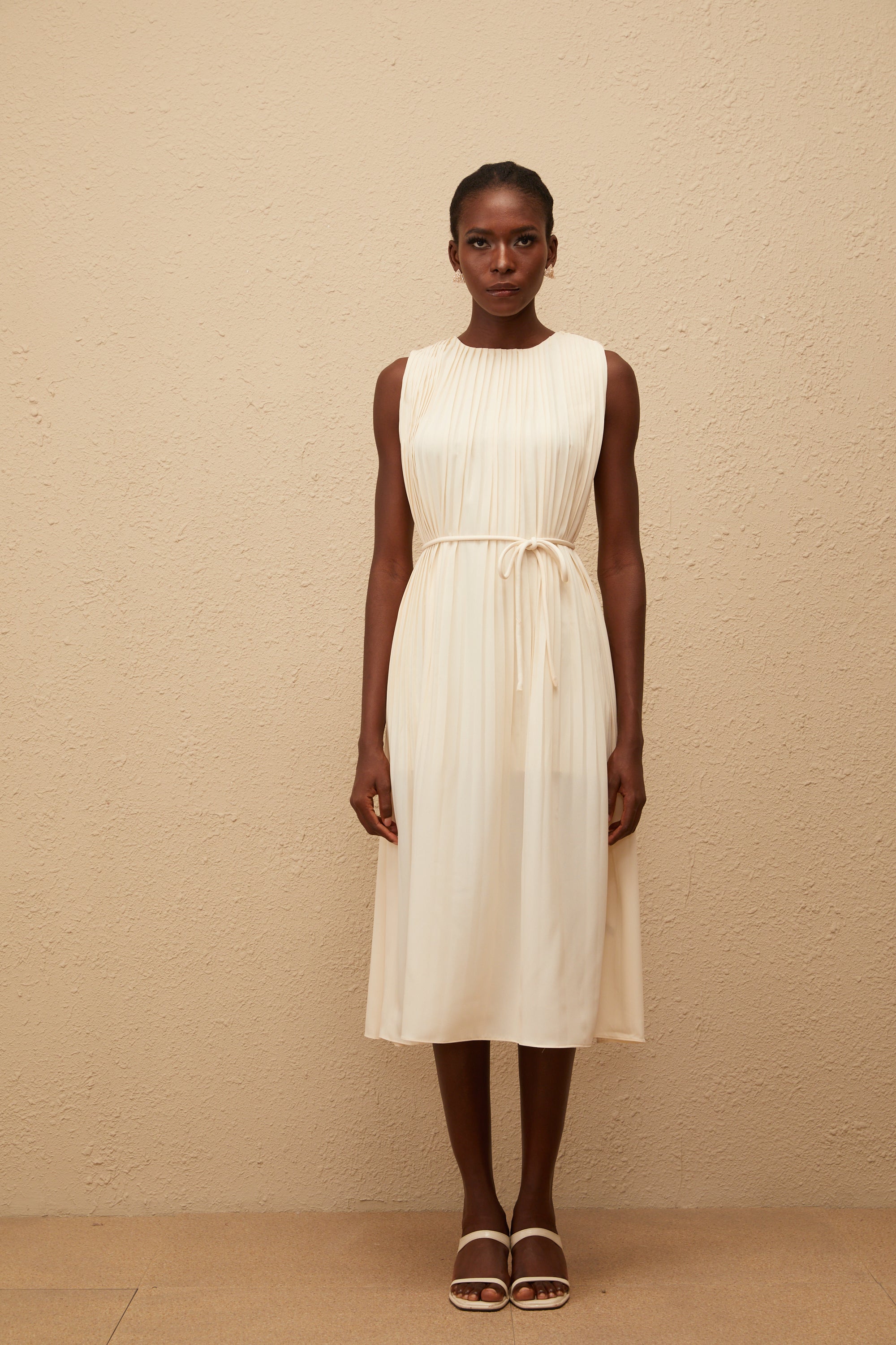 Célestine Neutral Sleeveless Pleated Midi Dress