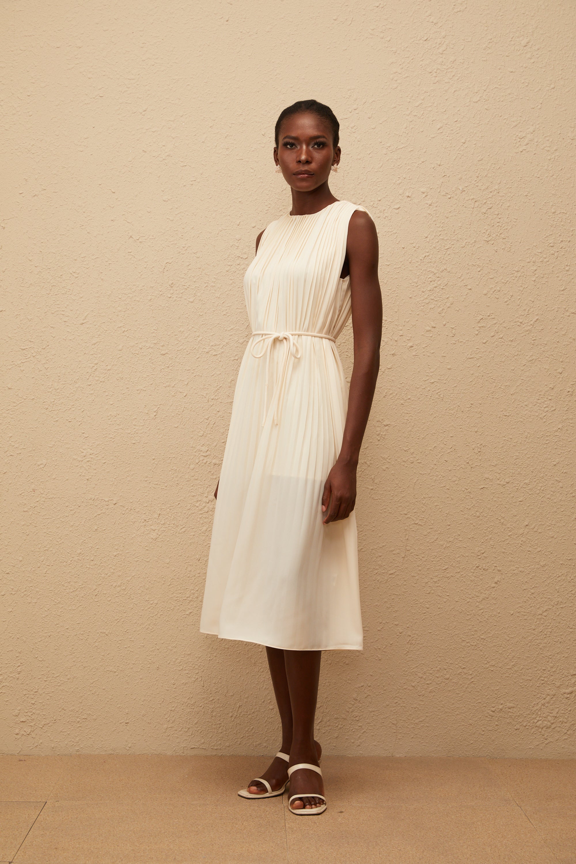 Célestine Neutral Sleeveless Pleated Midi Dress