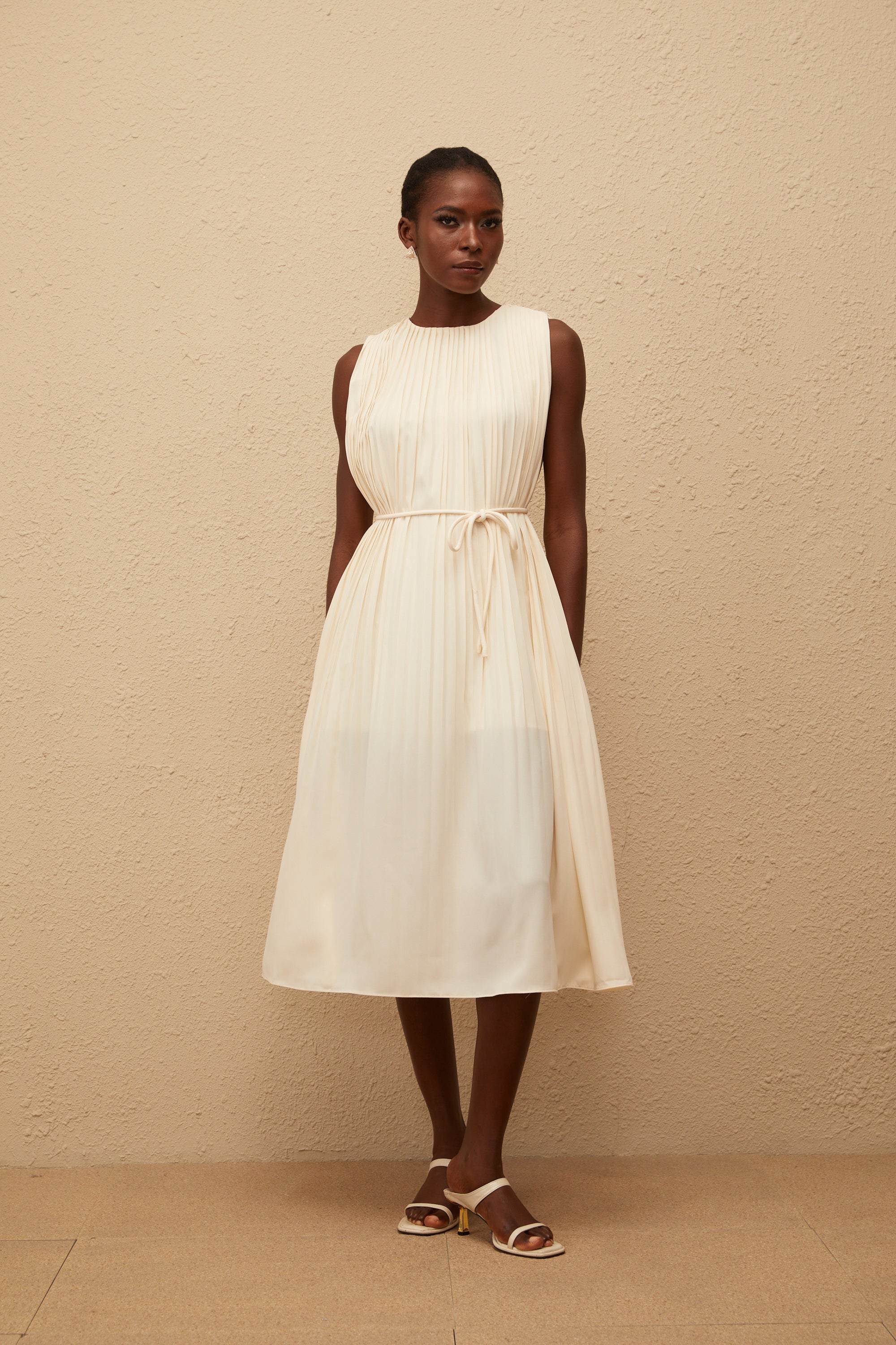 Célestine Neutral Sleeveless Pleated Midi Dress