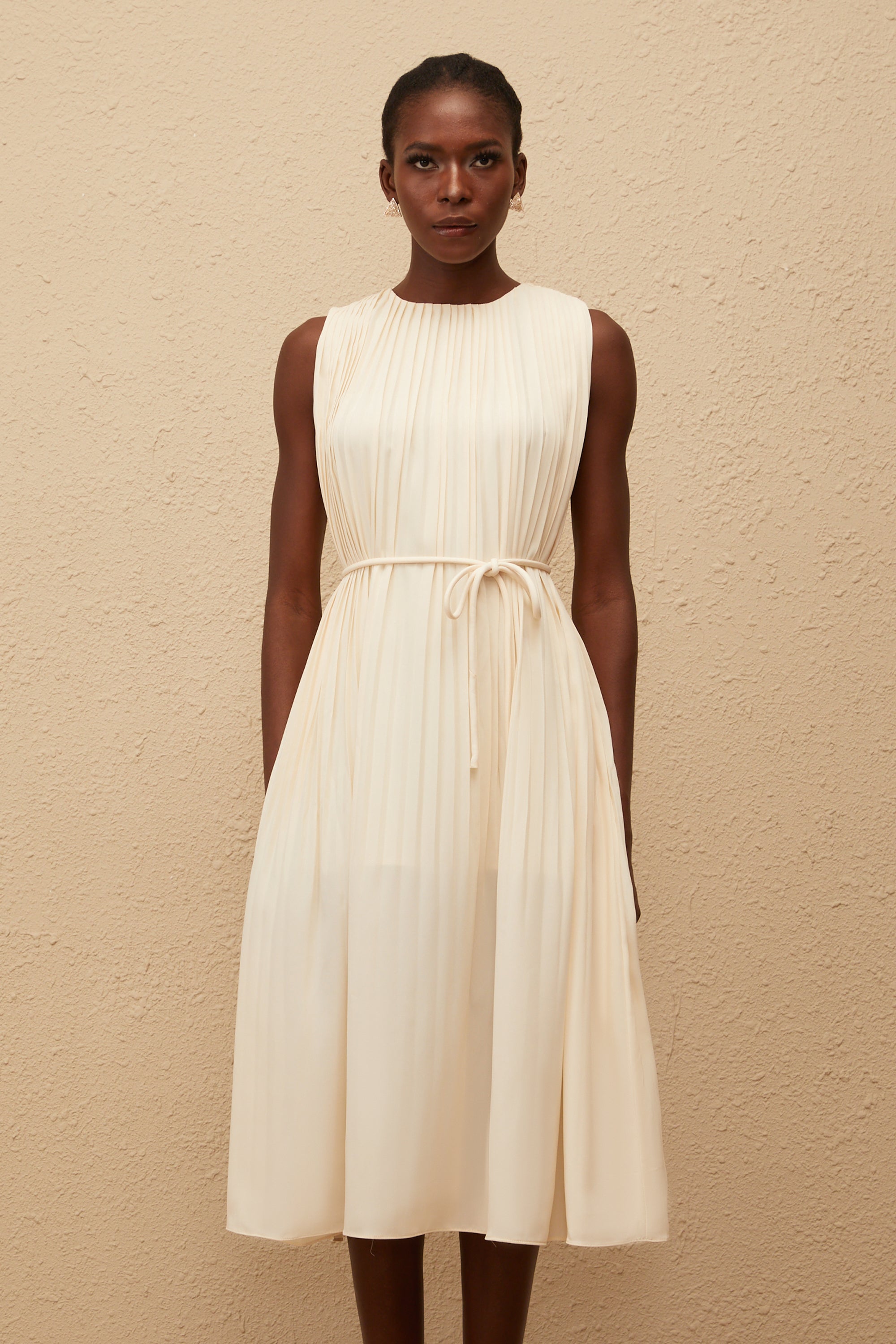 Célestine Neutral Sleeveless Pleated Midi Dress