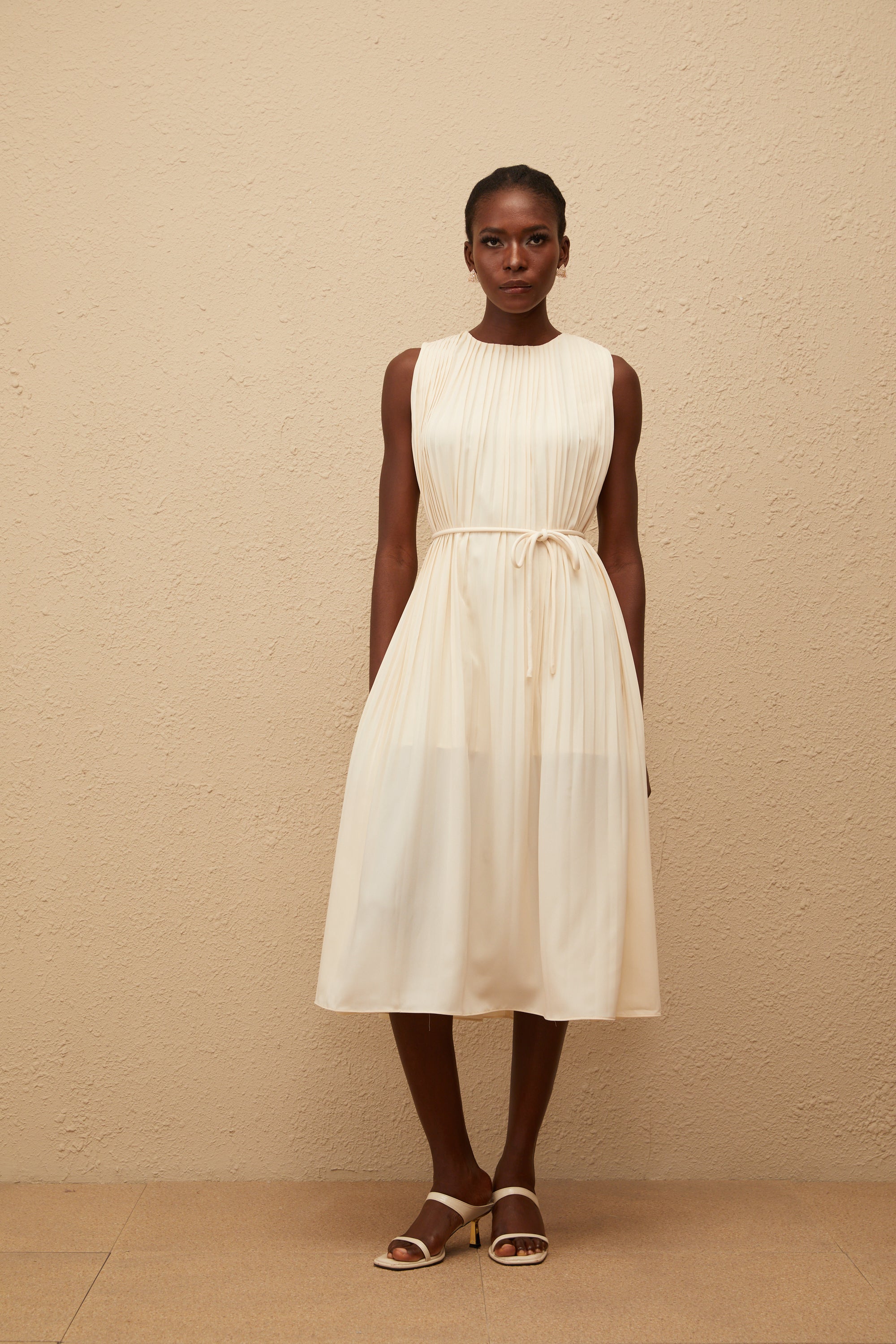 Célestine Neutral Sleeveless Pleated Midi Dress