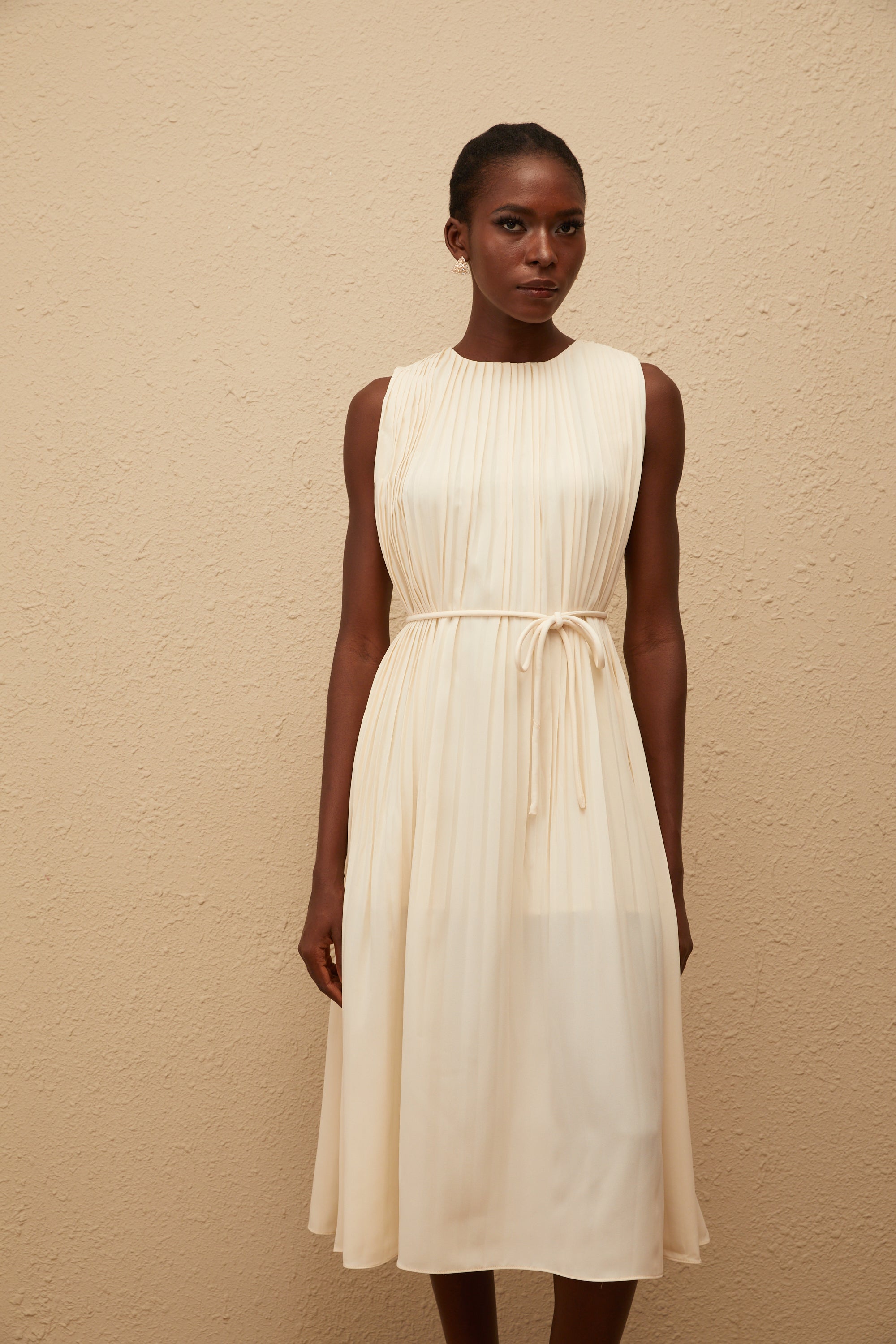 Célestine Neutral Sleeveless Pleated Midi Dress