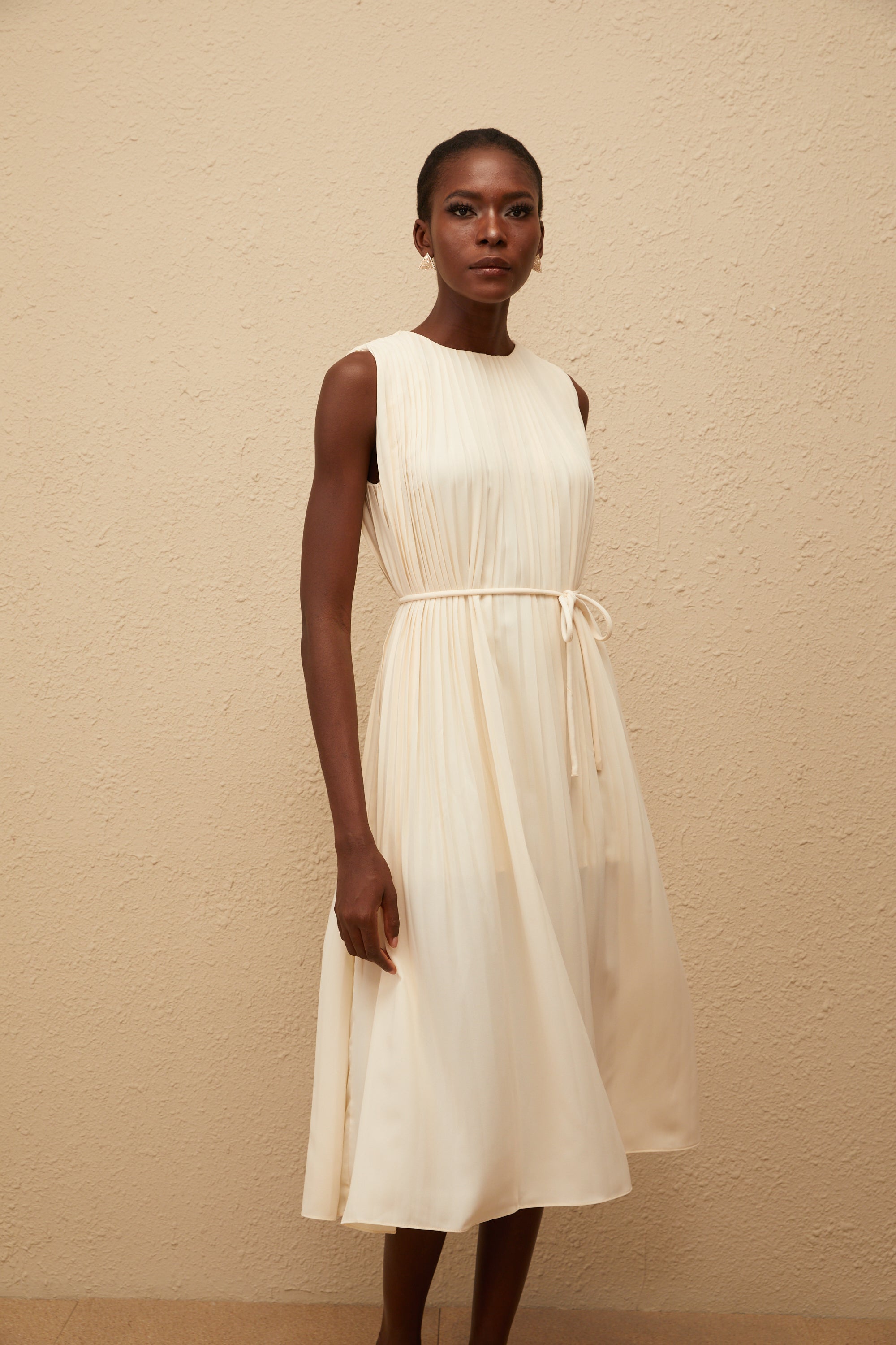 Célestine Neutral Sleeveless Pleated Midi Dress